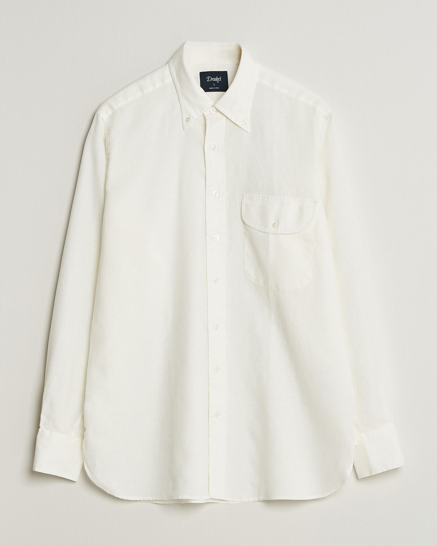 Heren | Overhemden | Drake's | Linen Button Down Curved Pocket Shirt White