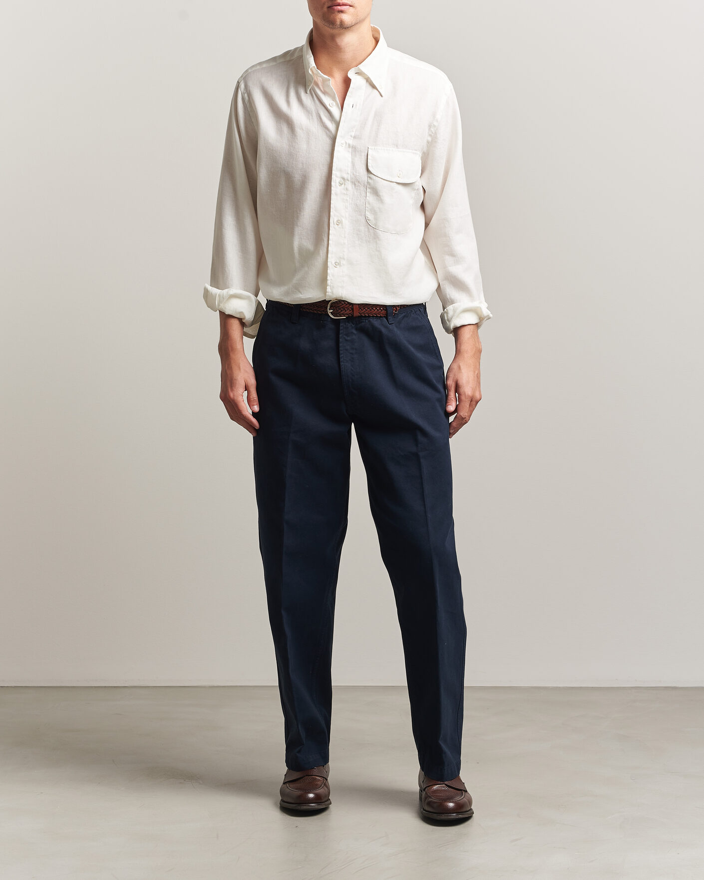 Heren | Overhemden | Drake's | Linen Button Down Curved Pocket Shirt White
