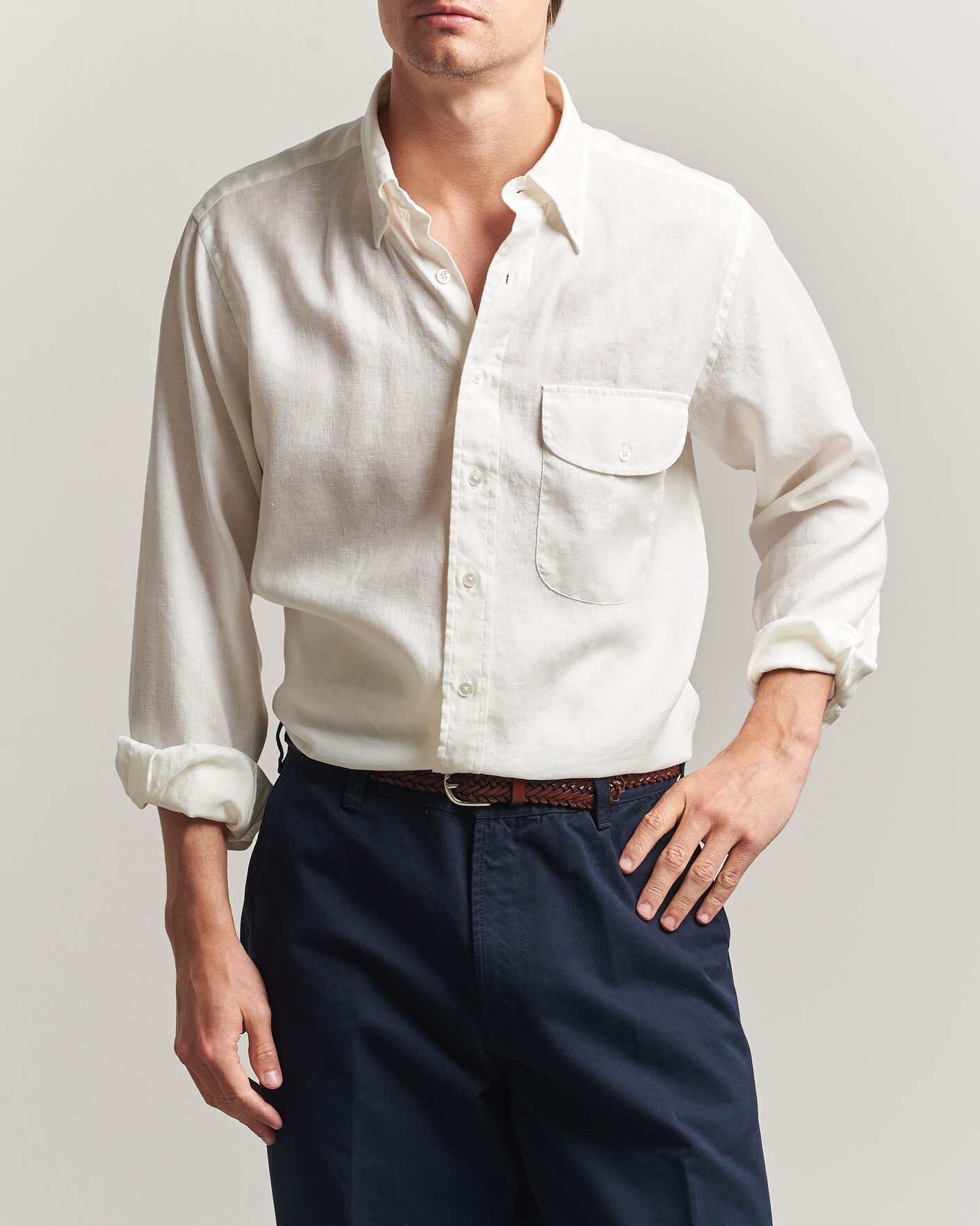 Heren | Overhemden | Drake's | Linen Button Down Curved Pocket Shirt White