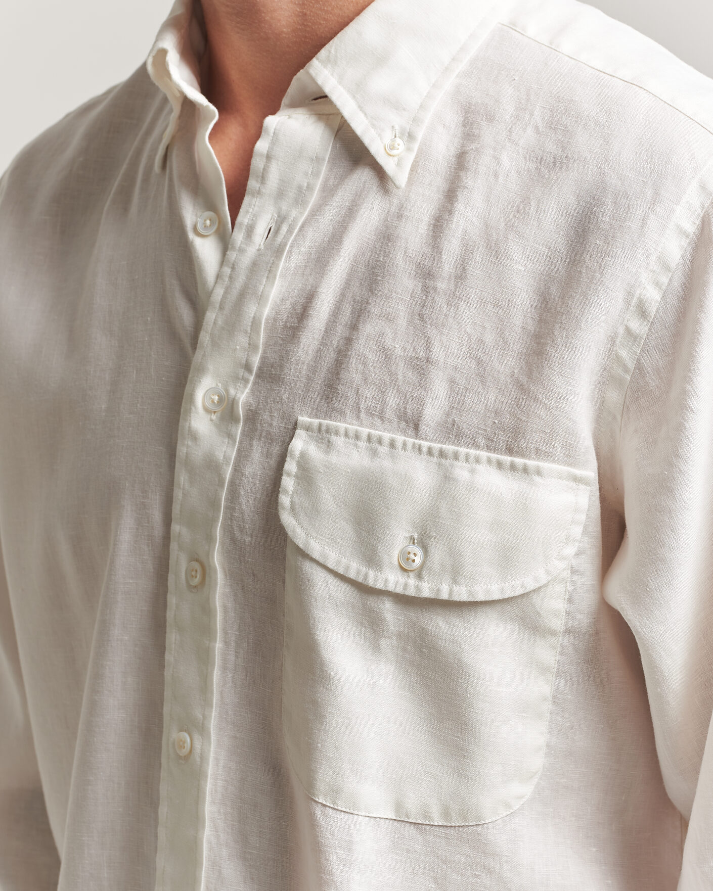 Heren | Overhemden | Drake's | Linen Button Down Curved Pocket Shirt White