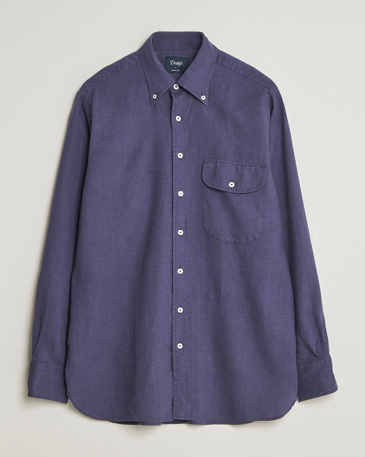 Heren | Overhemden | Drake's | Linen Button Down Curved Pocket Shirt Navy