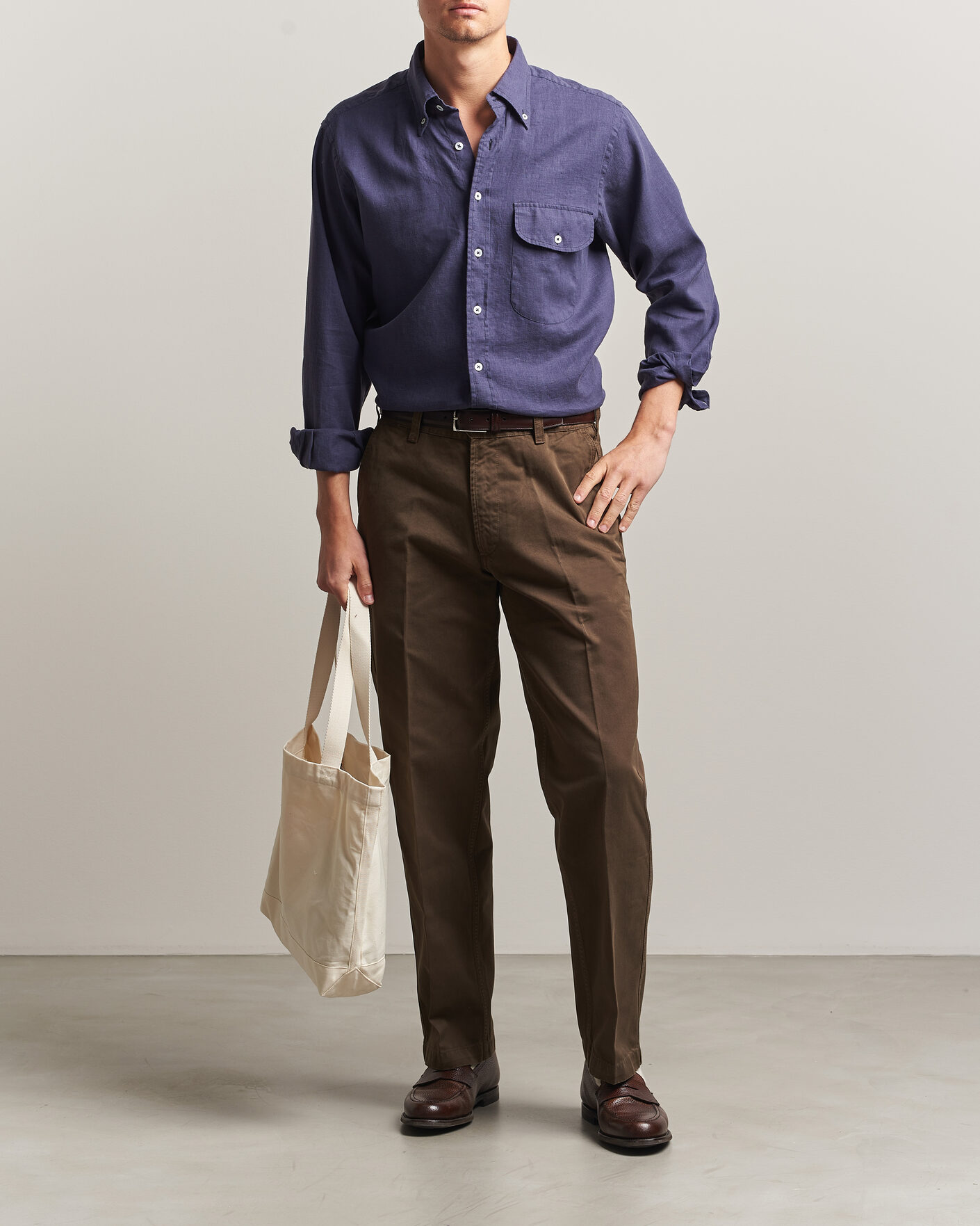 Heren | Overhemden | Drake's | Linen Button Down Curved Pocket Shirt Navy
