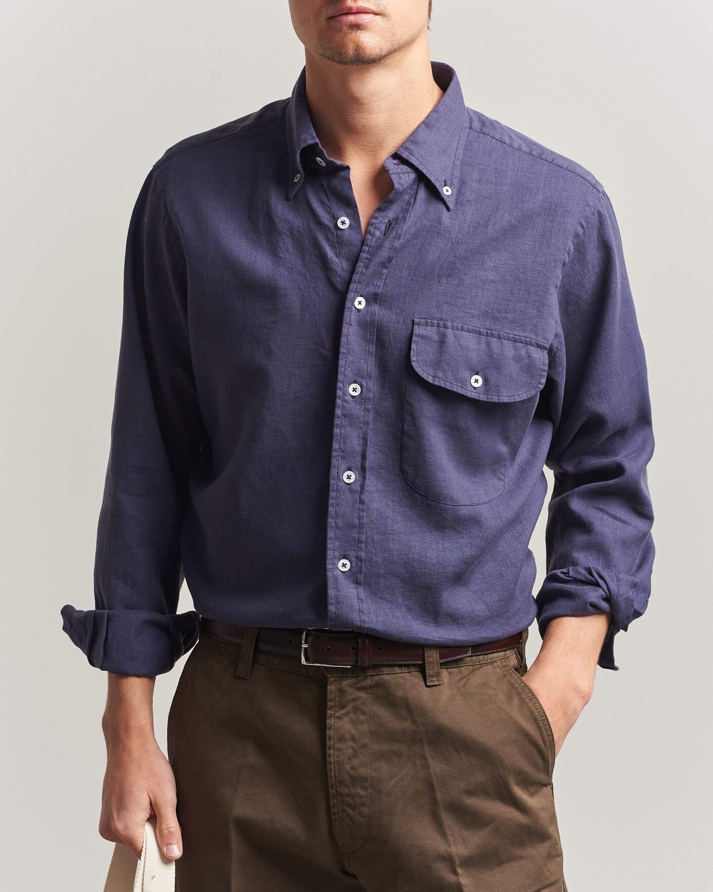 Heren | Overhemden | Drake's | Linen Button Down Curved Pocket Shirt Navy