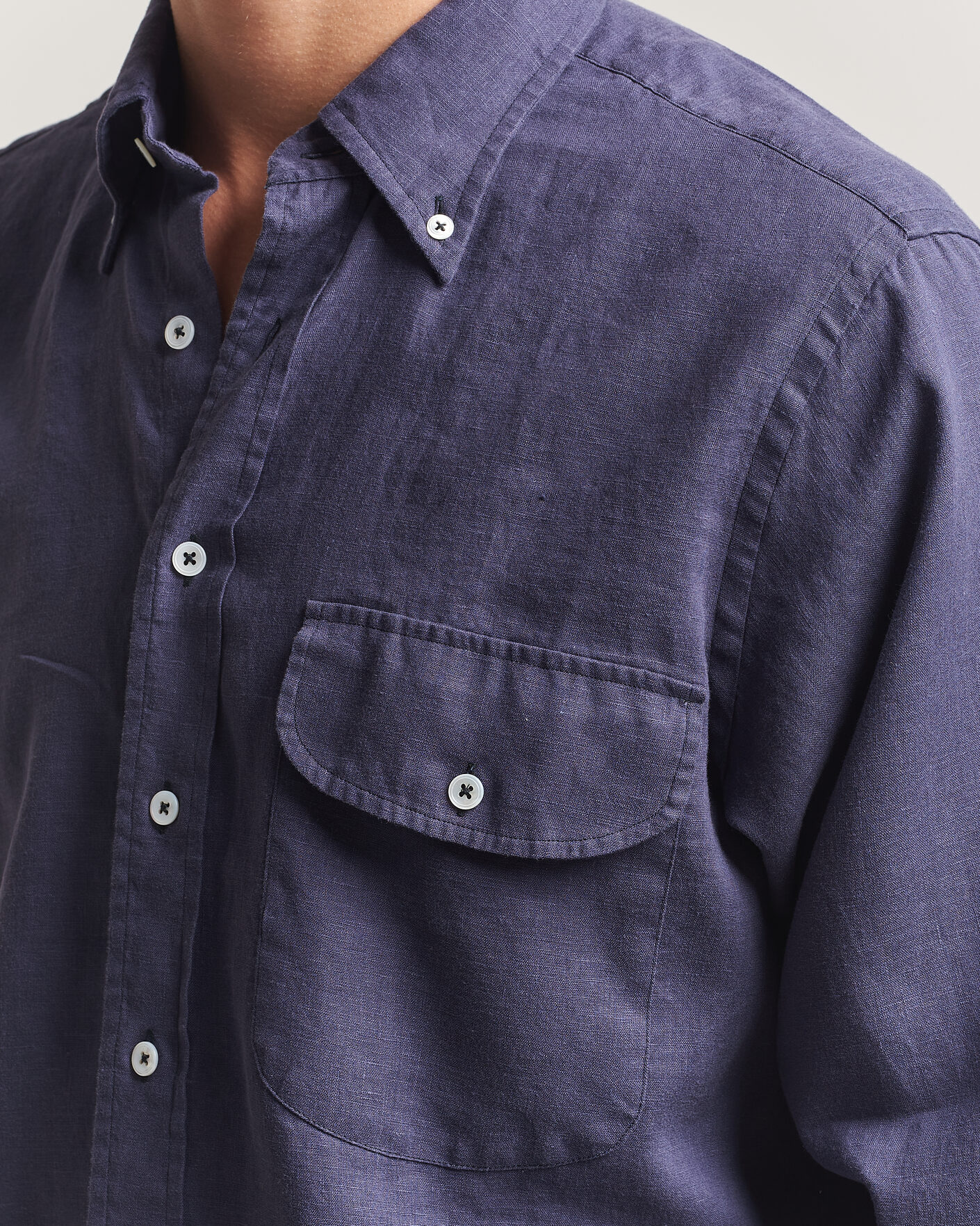 Heren | Overhemden | Drake's | Linen Button Down Curved Pocket Shirt Navy