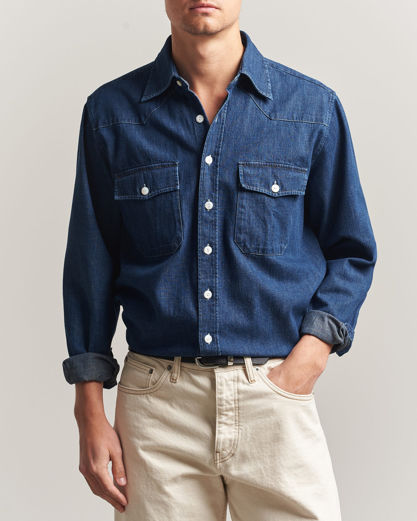 Heren | Overhemden | Drake's | Light Denim Western Shirt Stone Wash