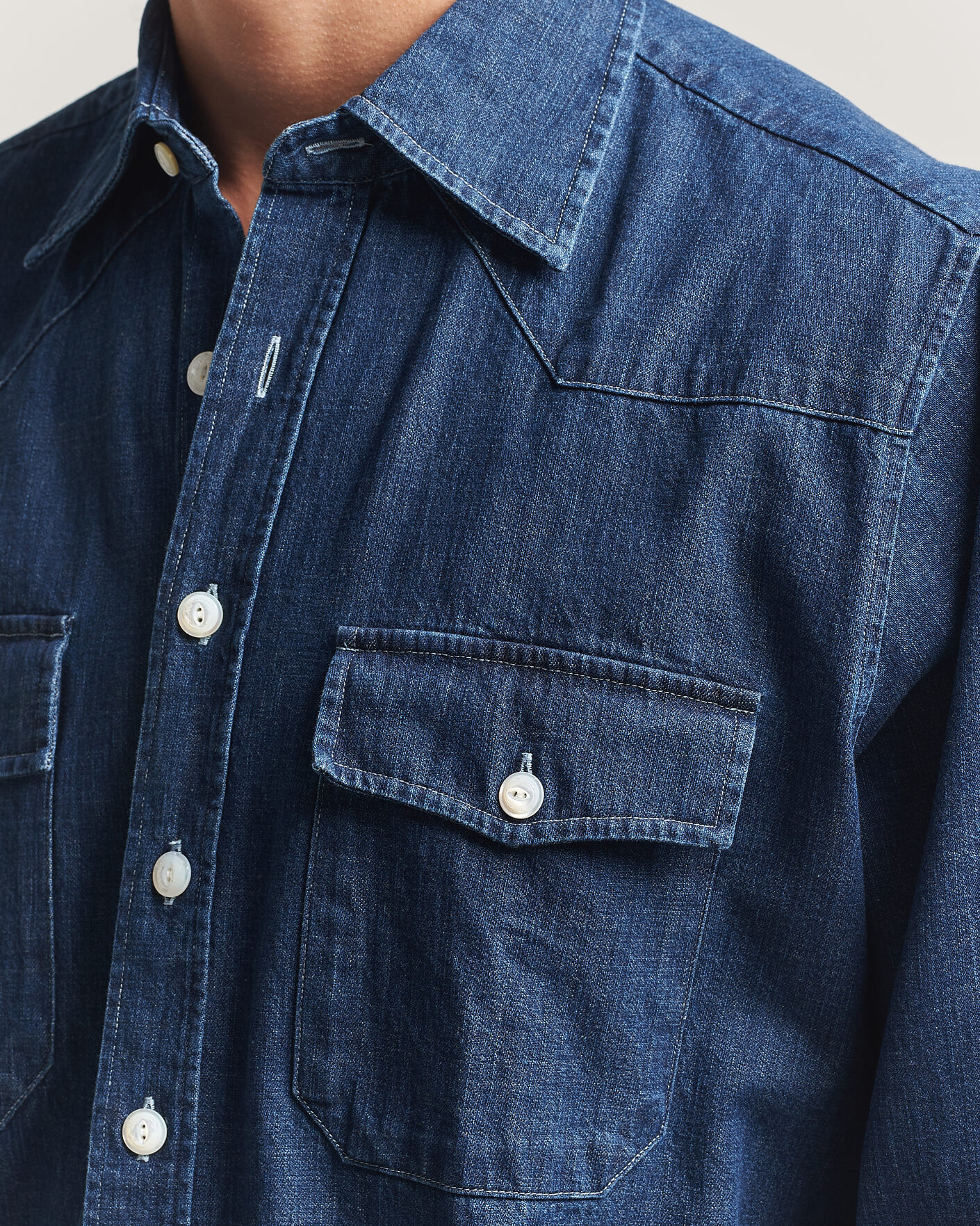 Heren | Overhemden | Drake's | Light Denim Western Shirt Stone Wash