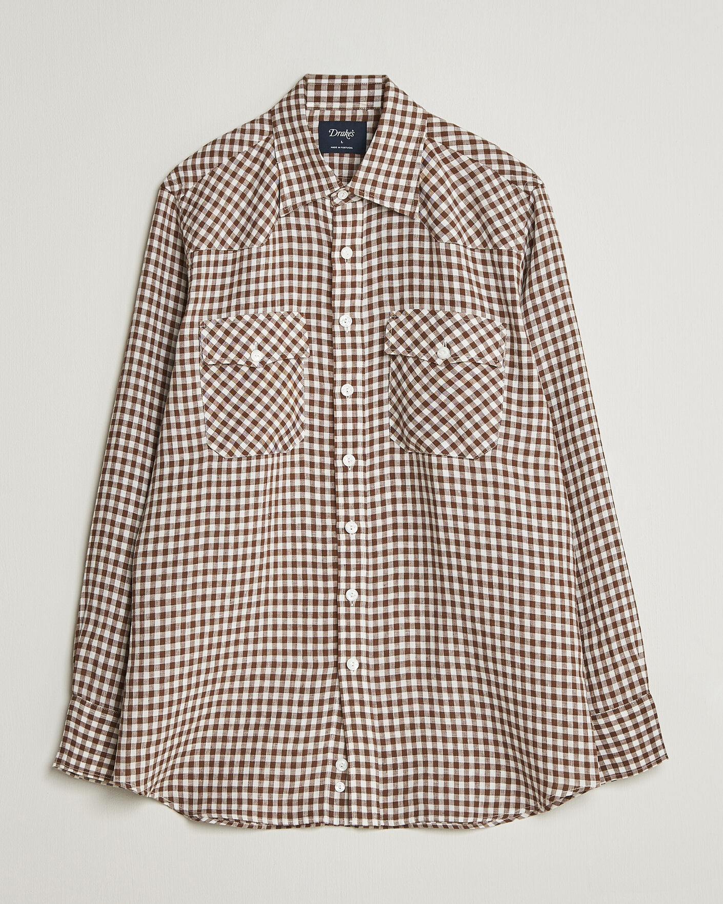 Heren | Overhemden | Drake's | Linen Gingham Western Shirt Brown/White