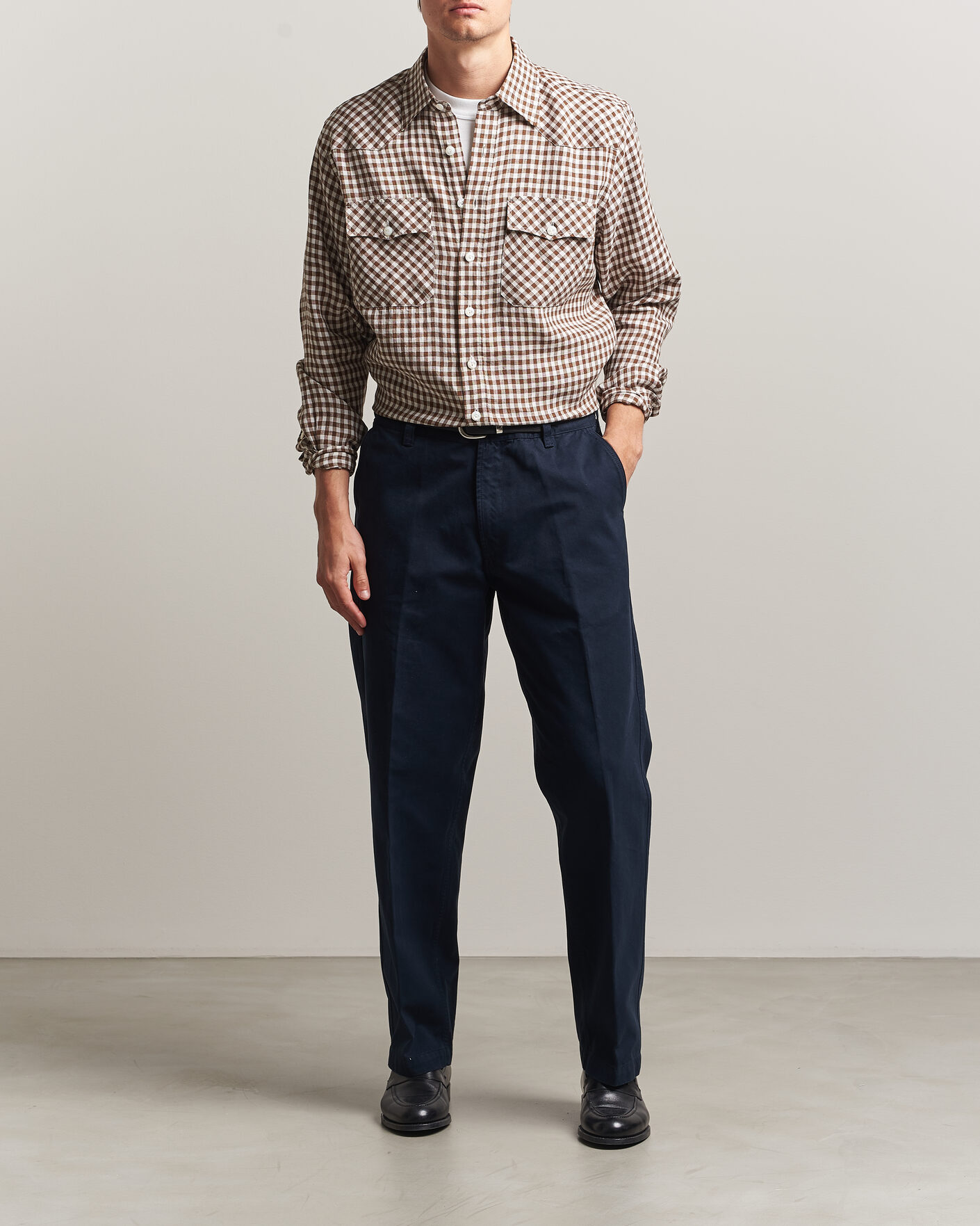 Heren | Overhemden | Drake's | Linen Gingham Western Shirt Brown/White