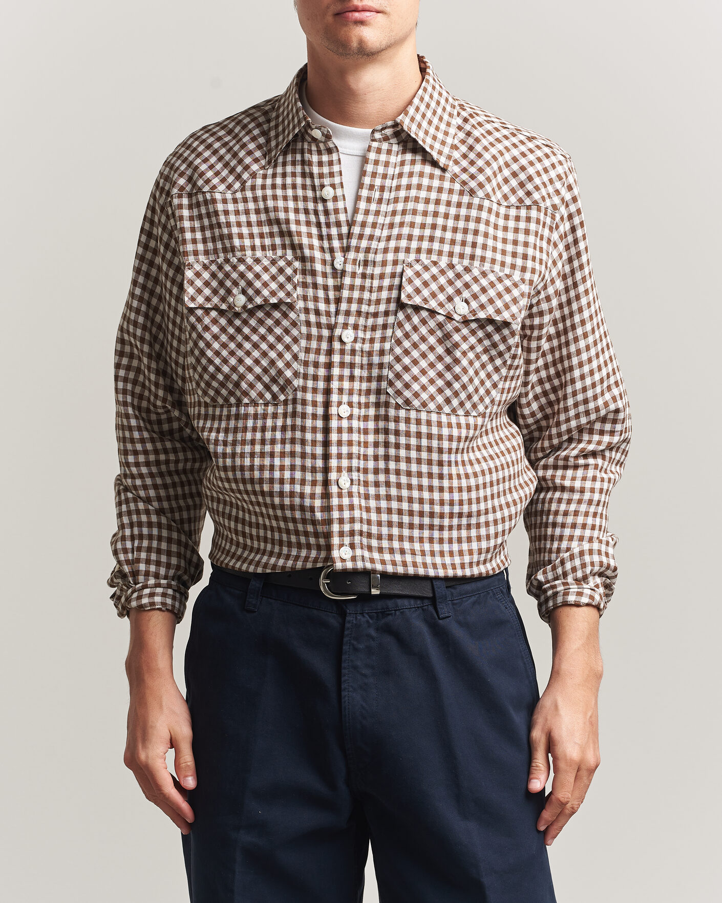 Heren | Overhemden | Drake's | Linen Gingham Western Shirt Brown/White