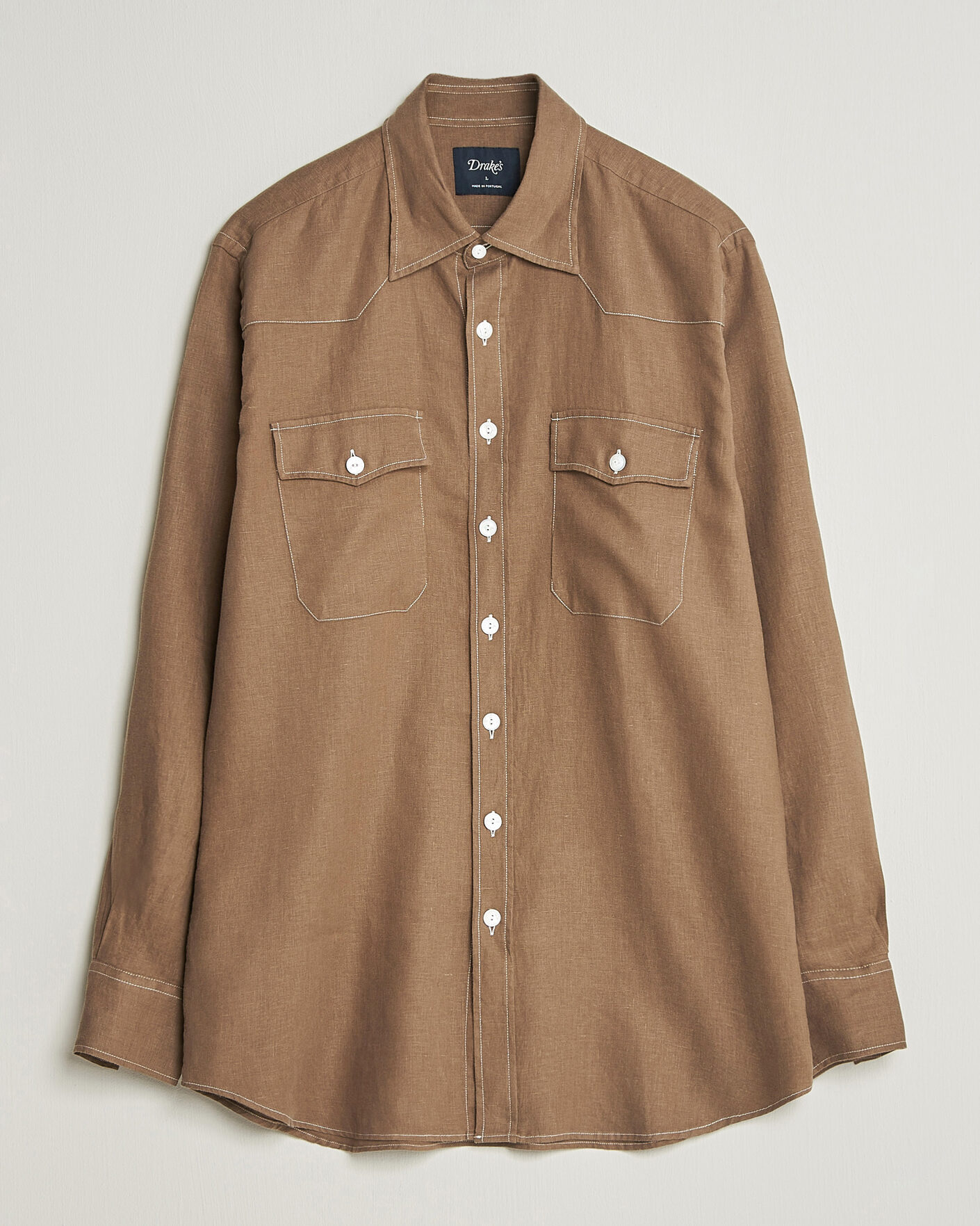 Heren | Overhemden | Drake's | Solid Linen Western Shirt Brown