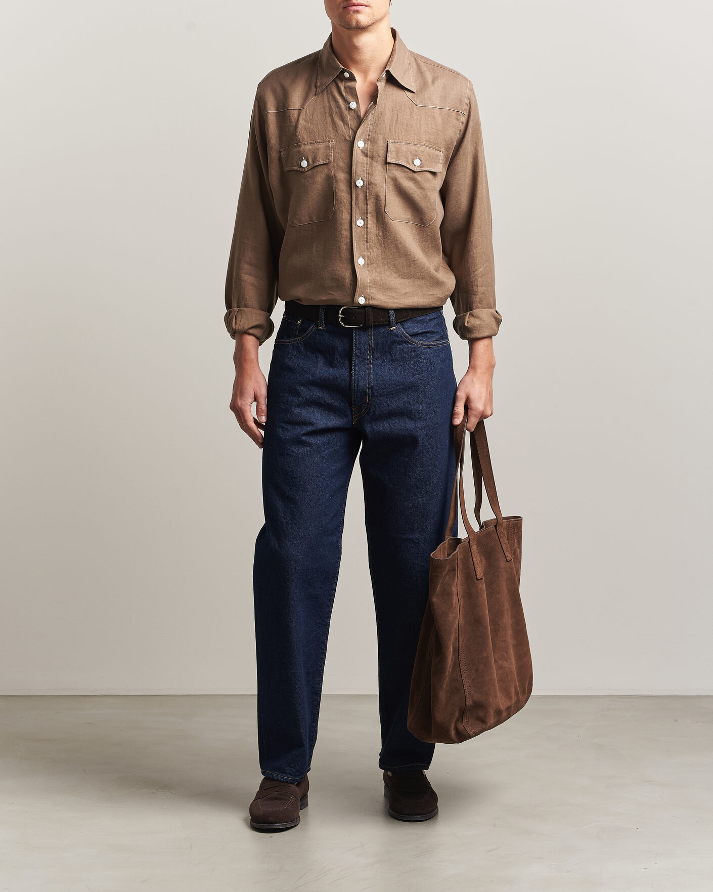 Heren | Overhemden | Drake's | Solid Linen Western Shirt Brown