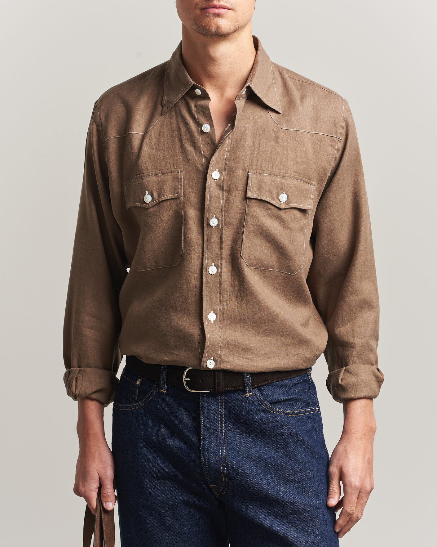 Heren | Overhemden | Drake's | Solid Linen Western Shirt Brown