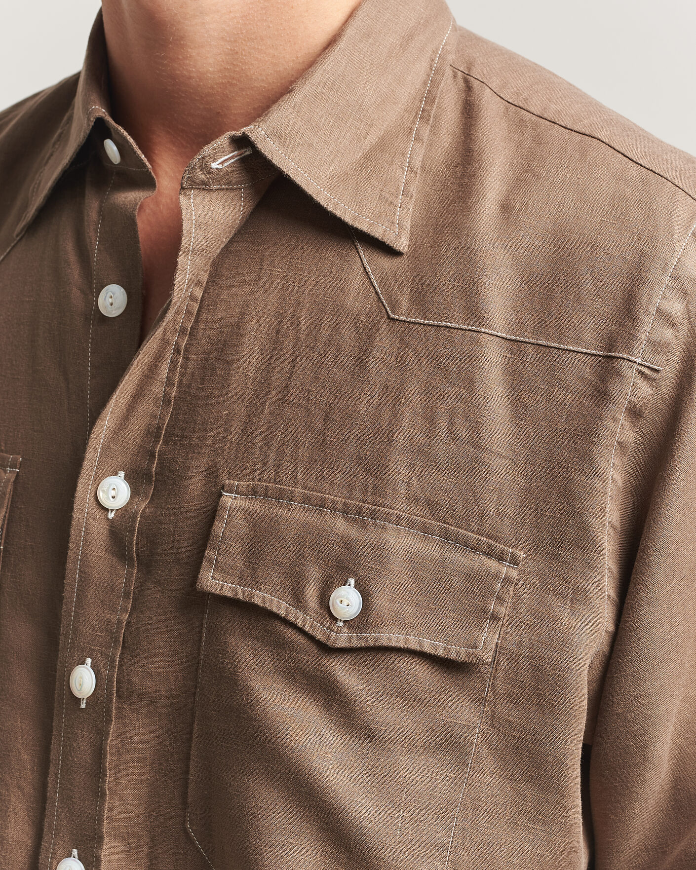 Heren | Overhemden | Drake's | Solid Linen Western Shirt Brown