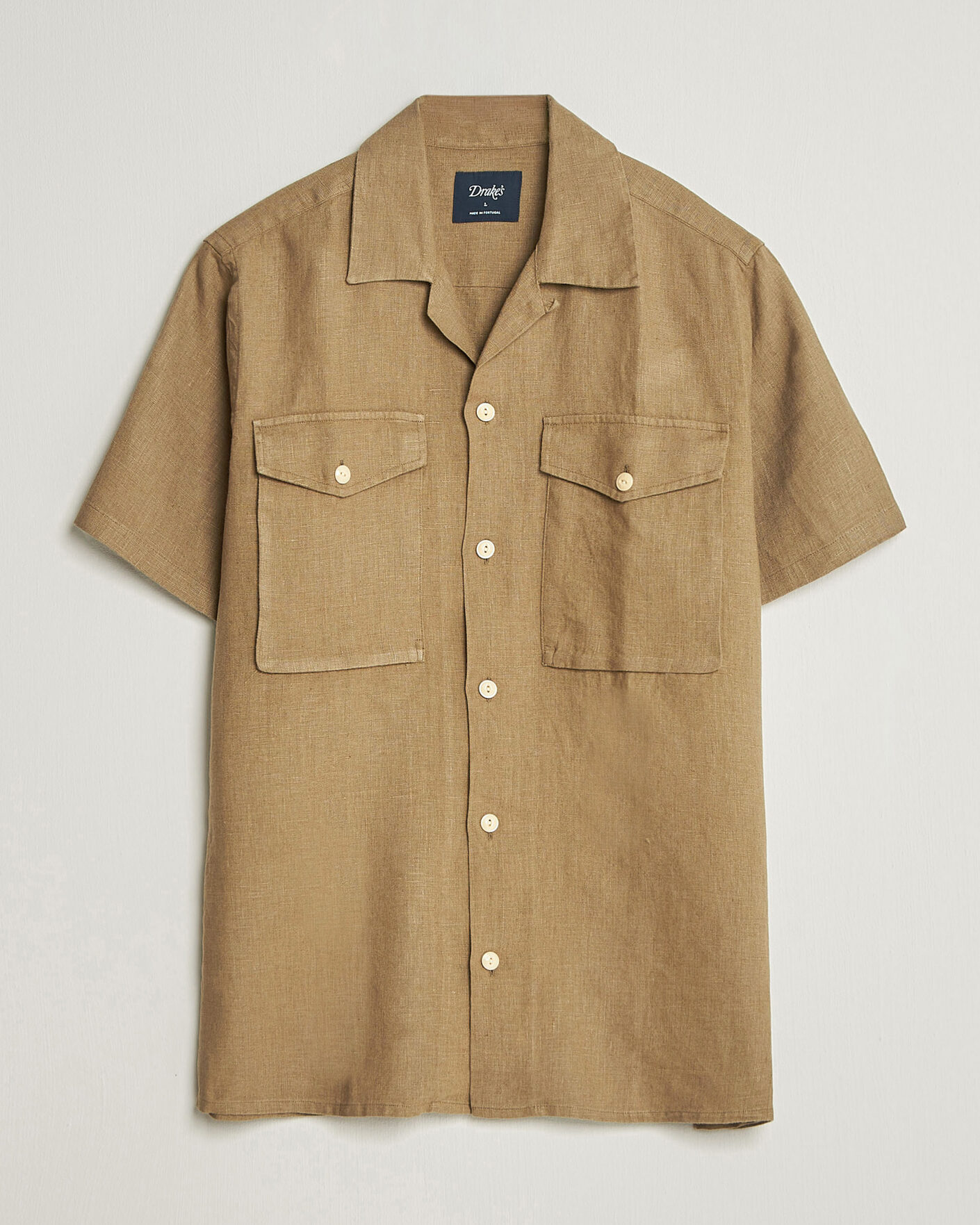 Heren | Overhemden | Drake's | Military Short Sleeve Camp Collar Shirt Khaki