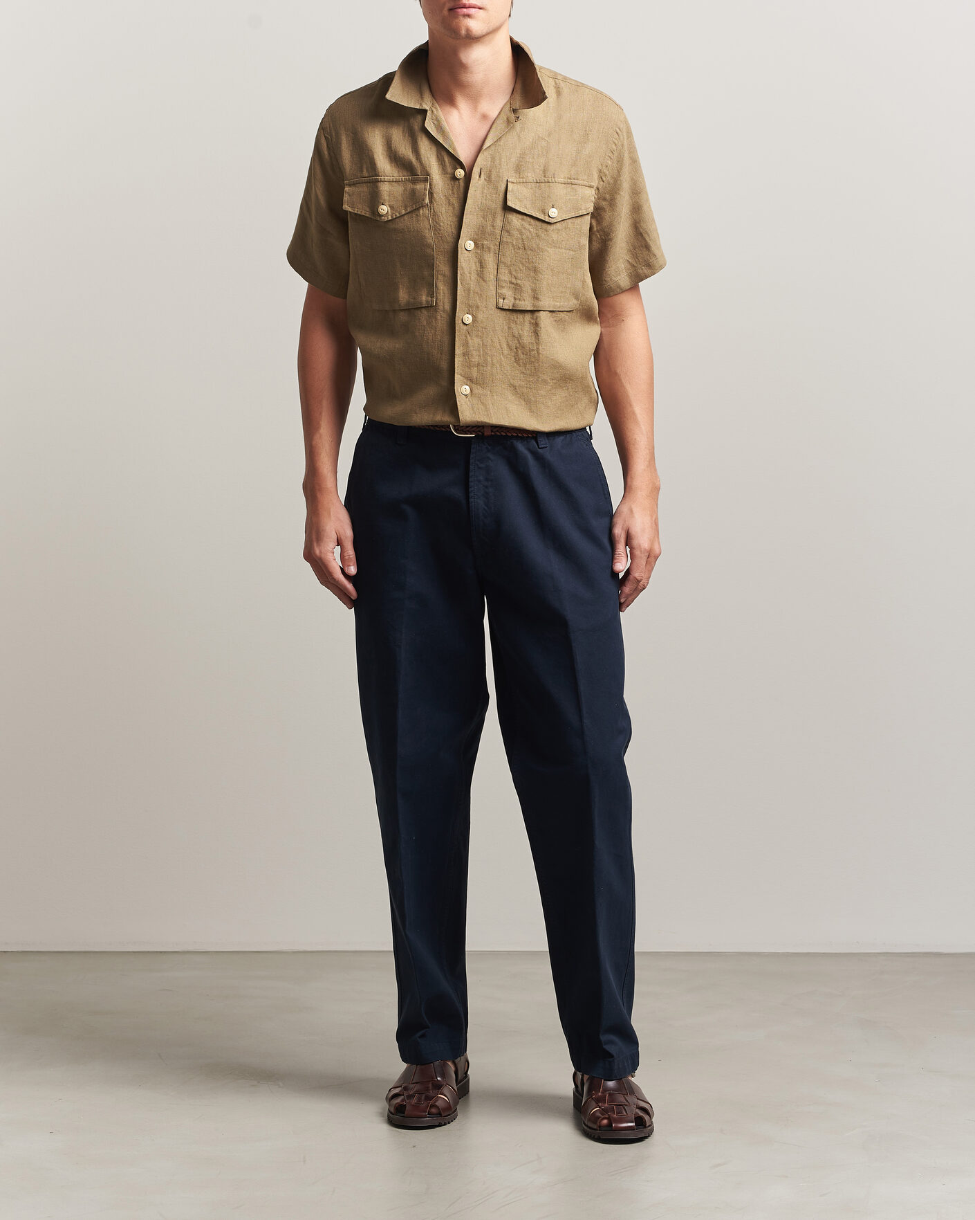 Heren | Overhemden | Drake's | Military Short Sleeve Camp Collar Shirt Khaki