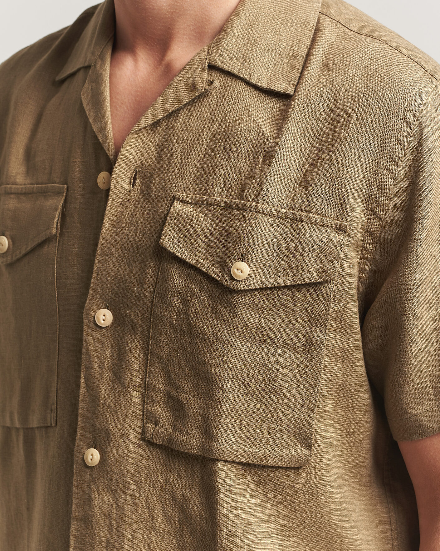 Heren | Overhemden | Drake's | Military Short Sleeve Camp Collar Shirt Khaki