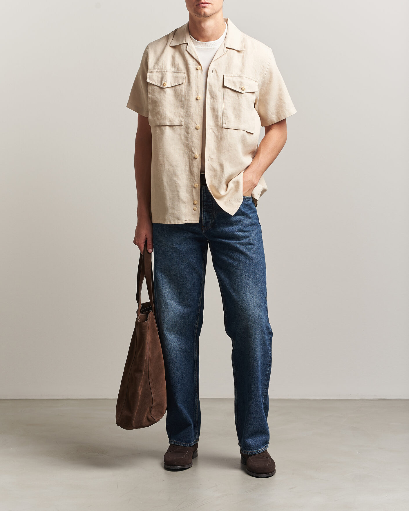Heren | Overhemden | Drake's | Military Short Sleeve Camp Collar Shirt Ecru