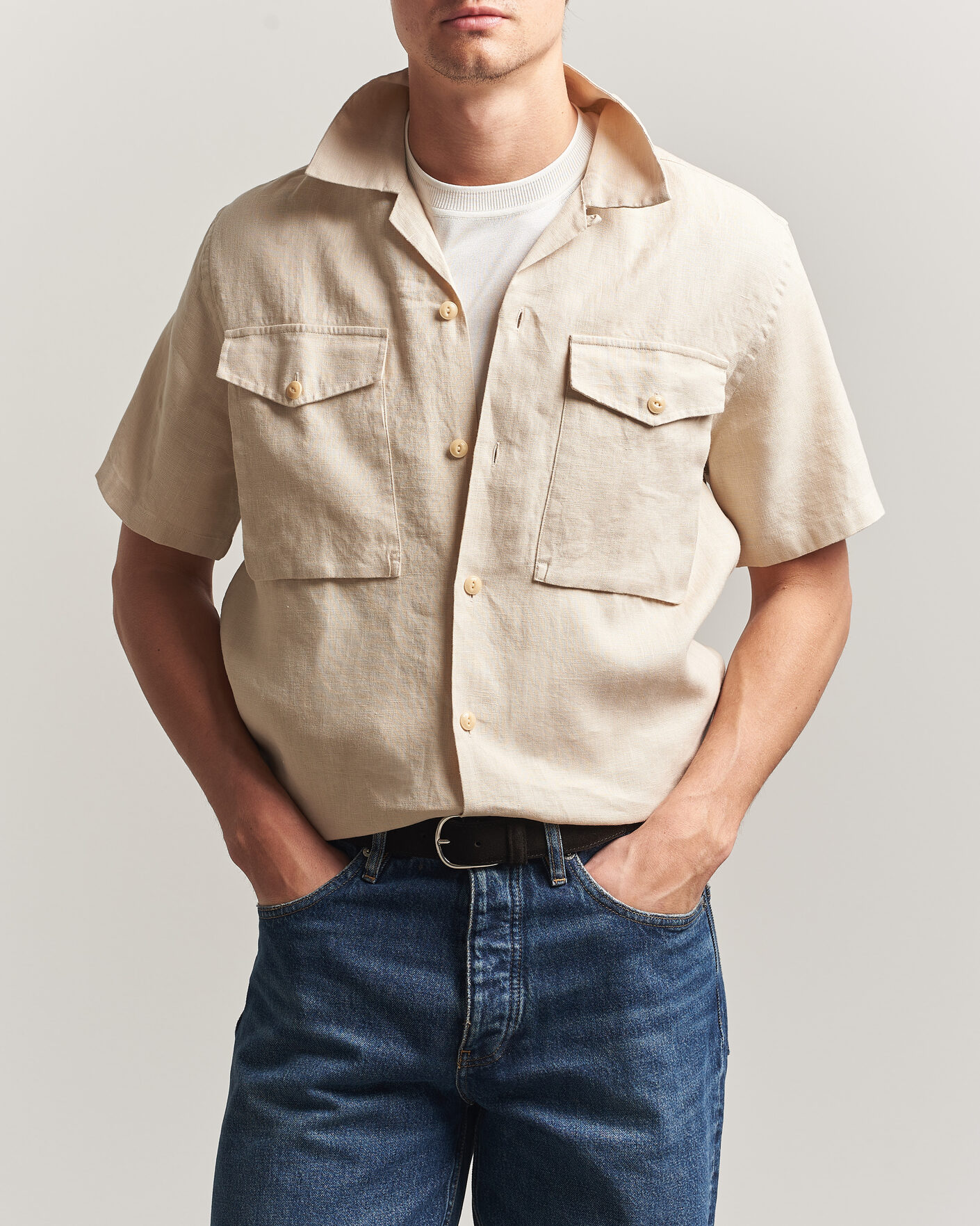 Heren | Overhemden | Drake's | Military Short Sleeve Camp Collar Shirt Ecru