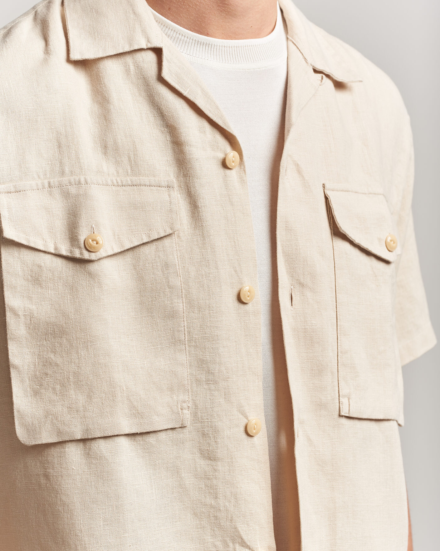 Heren | Overhemden | Drake's | Military Short Sleeve Camp Collar Shirt Ecru