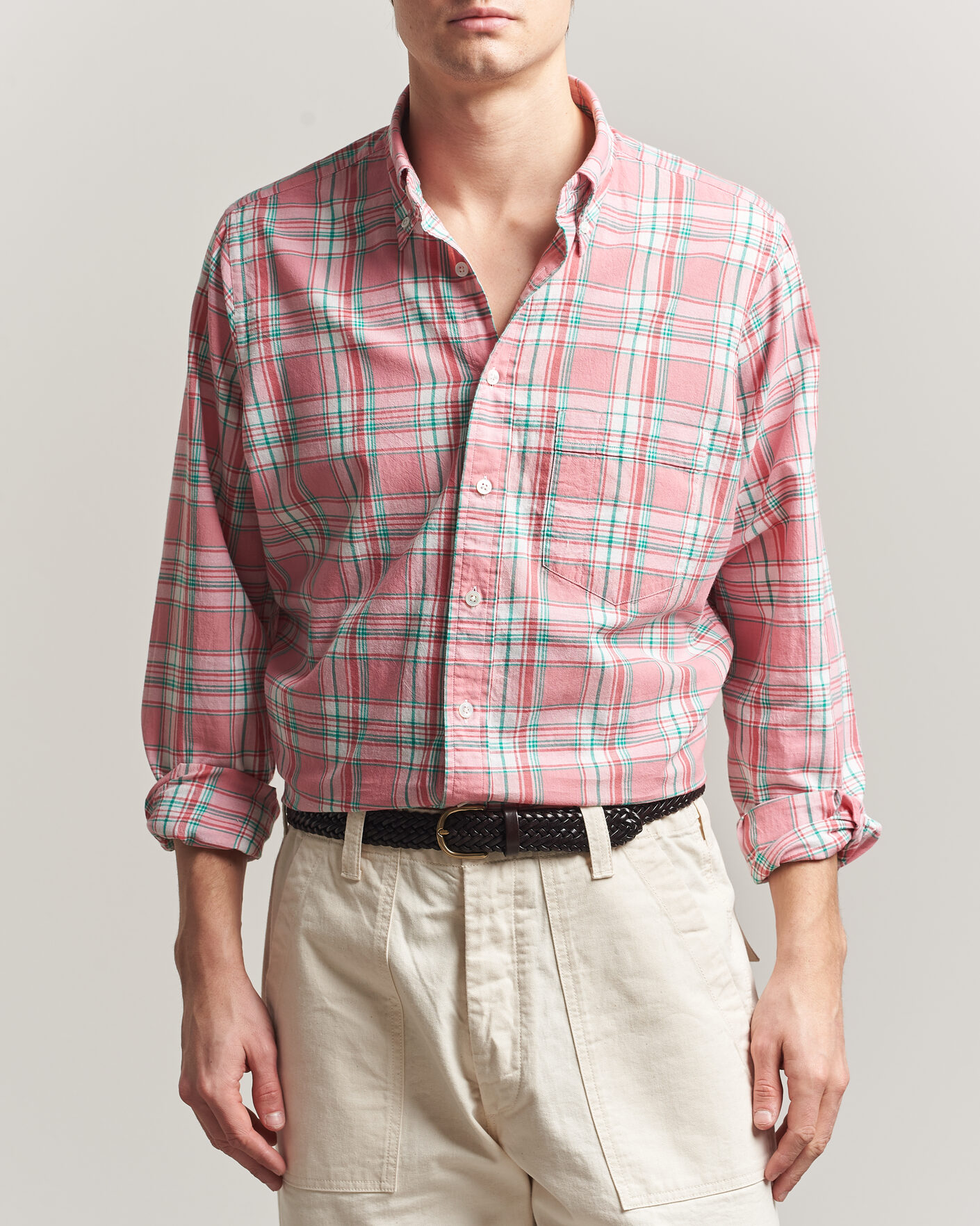 Heren | Overhemden | Drake's | Madrass Checked Button Down Shirt Pink