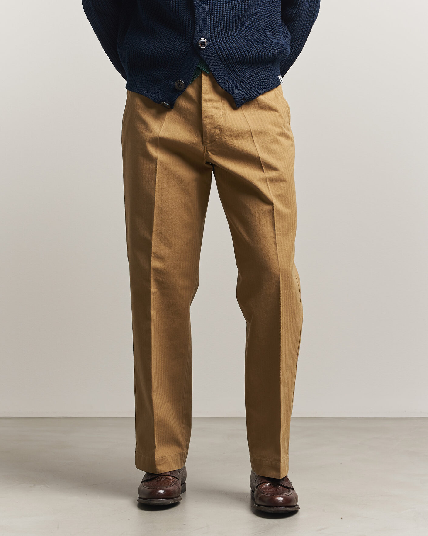 Heren | Broeken | Drake's | Herringbone Wide Leg Chino Khaki