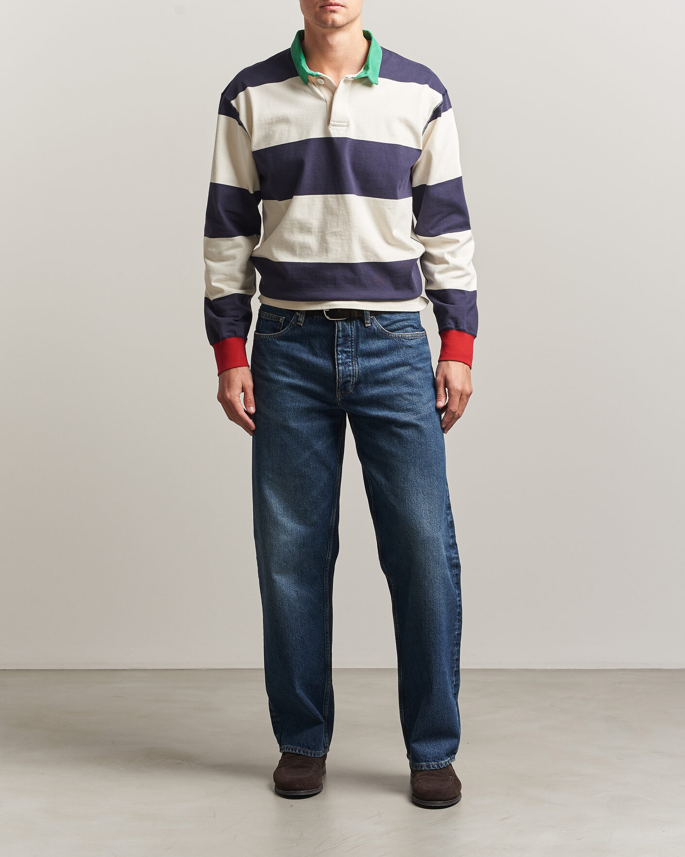 Heren | Truien | Drake's | Dual Block Stripe Rugby Whie/Navy