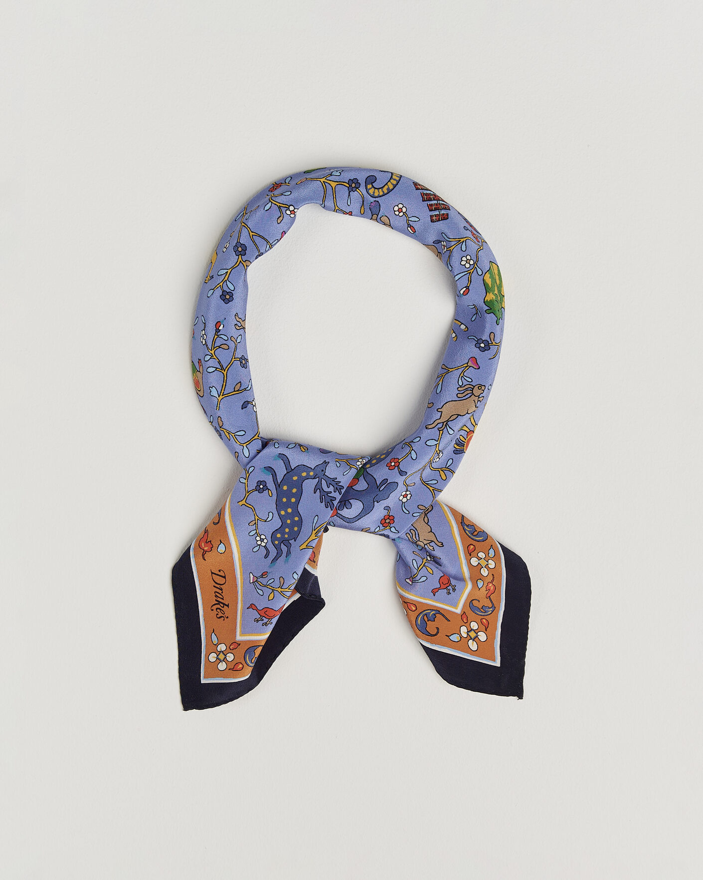 Heren | Sjaals | Drake's | Animals And Flowers Print Crepe Silk Bandana Navy