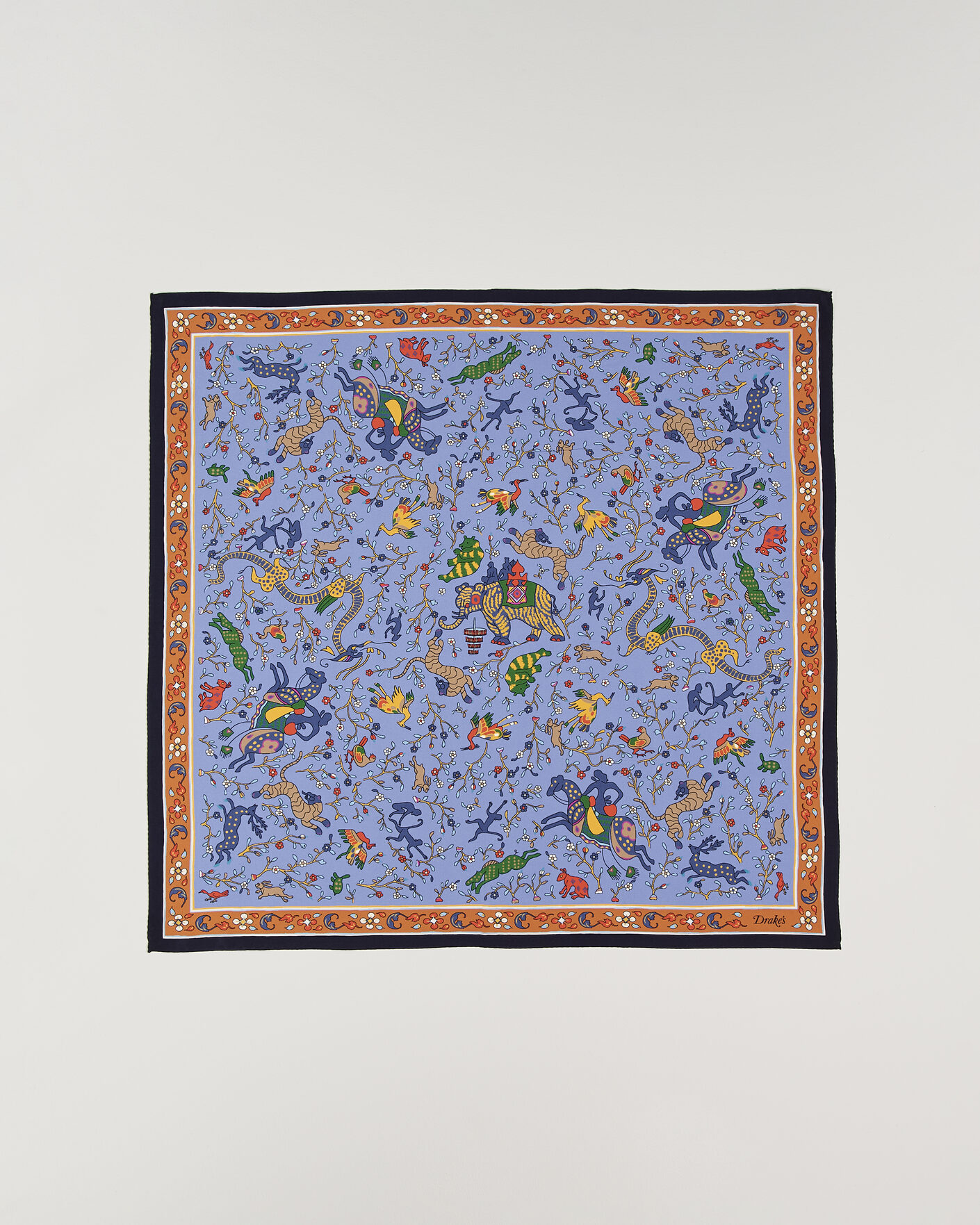 Heren | Sjaals | Drake's | Animals And Flowers Print Crepe Silk Bandana Navy