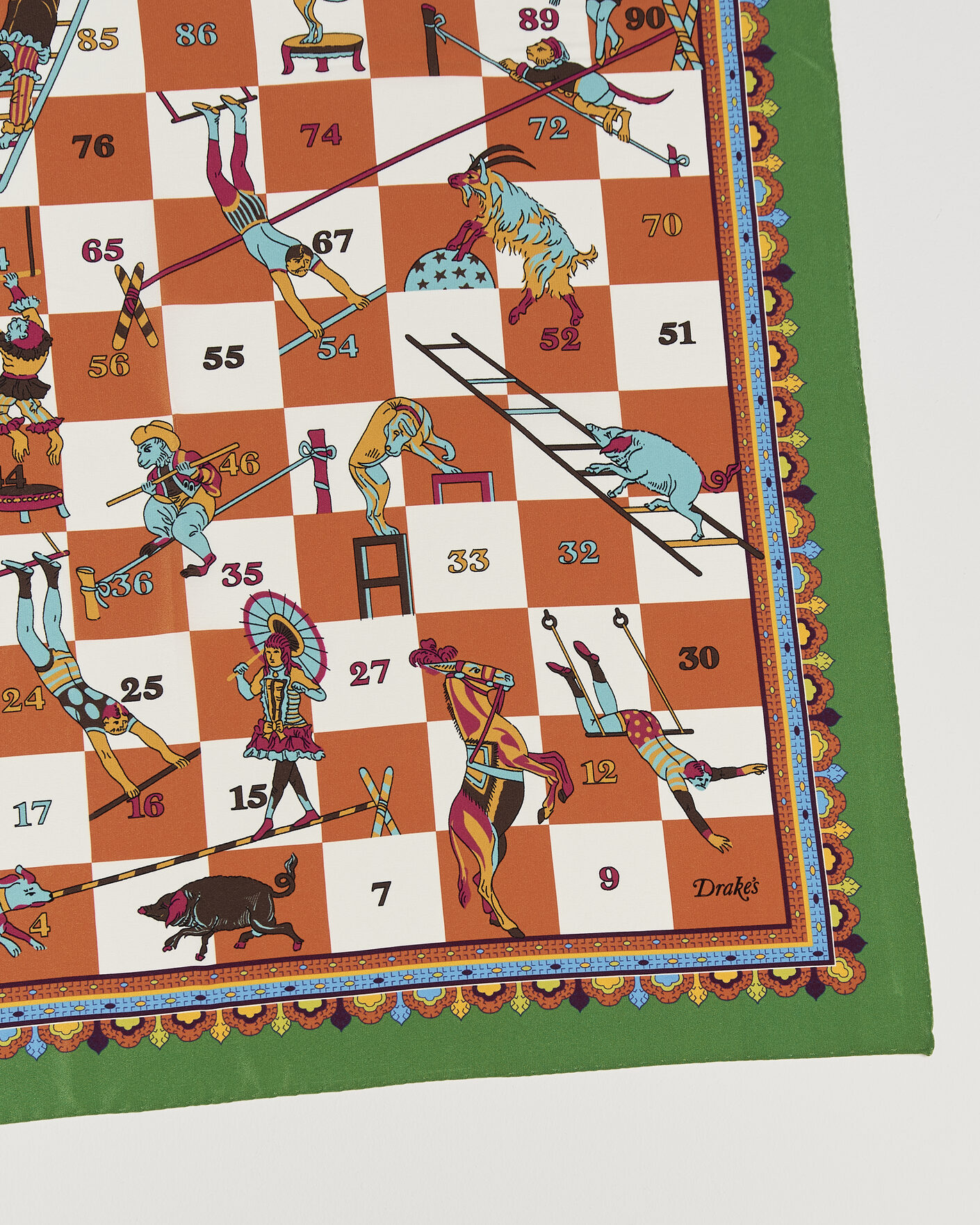 Heren | Sjaals | Drake's | Snakes & Ladders Print Crepe Silk Bandana Green