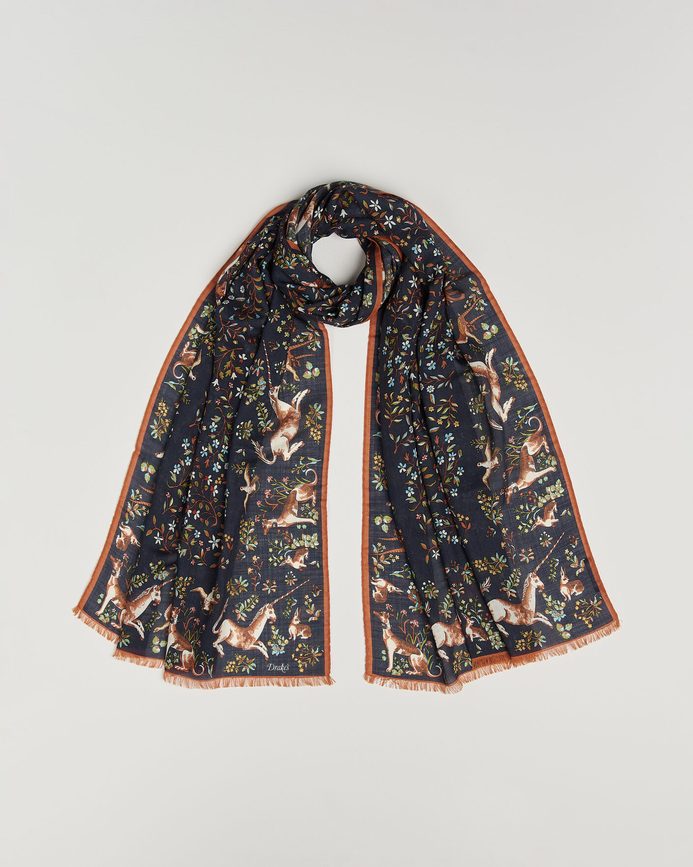 Heren | Sjaals | Drake's | Unicorn Garden Wool/Silk Print Scarf Navy