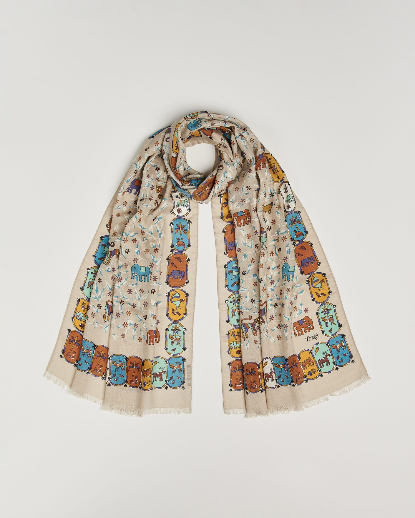 Heren | Drake's Loose Animal Wool/Silk Print Scarf Beige | Drake's | Loose Animal Wool/Silk Print Scarf Beige
