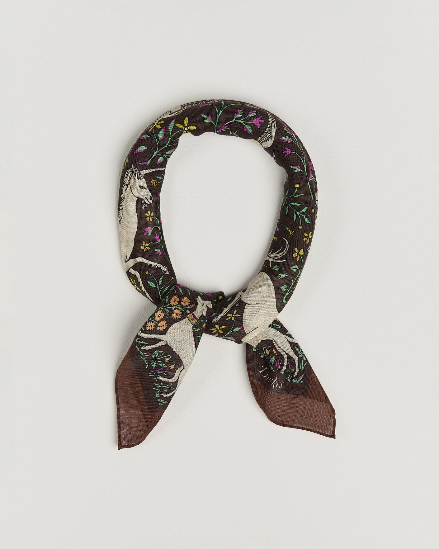 Heren | Sjaals | Drake's | Unicorn Print Wool/Silk Bandana Brown