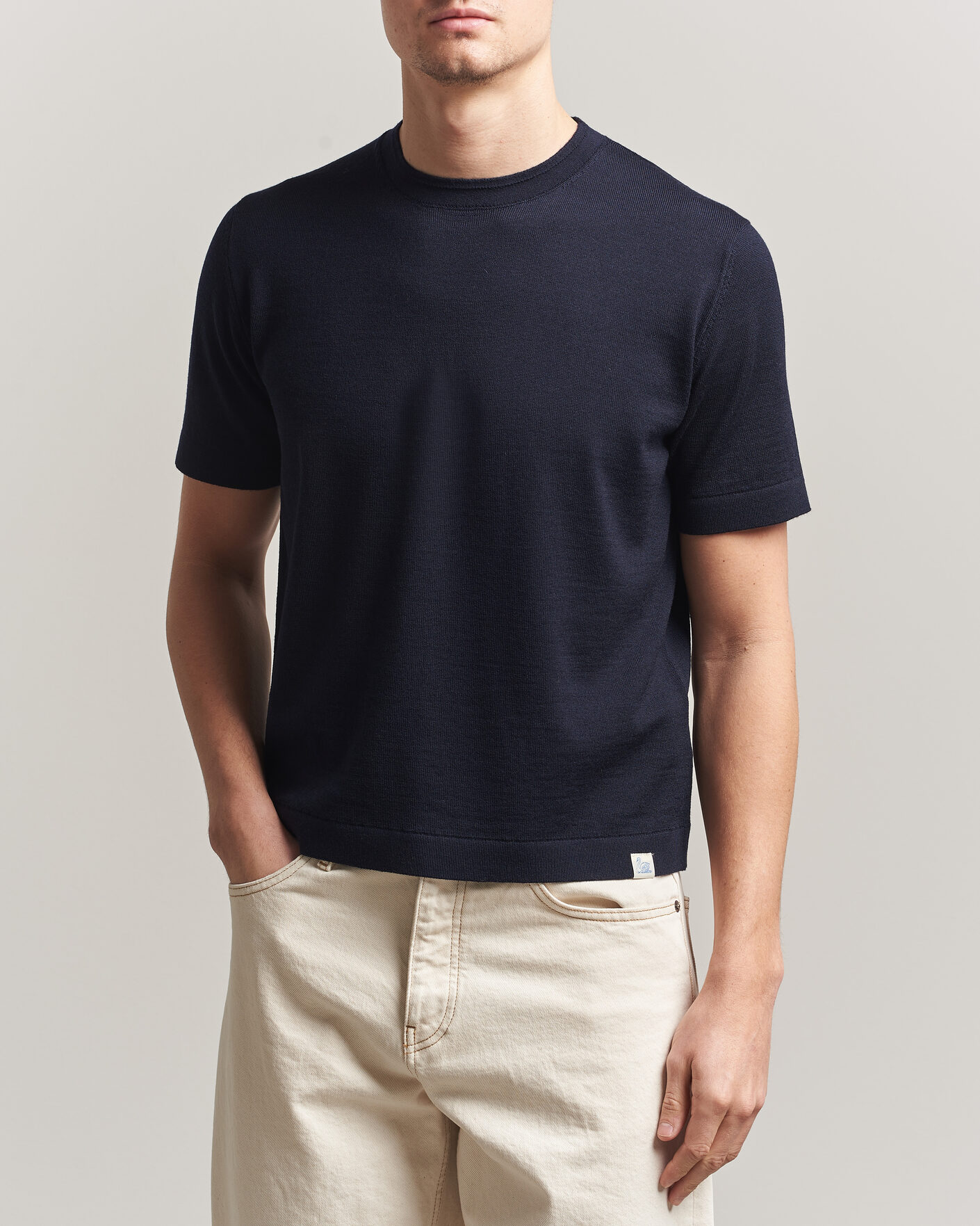 Heren | T-shirts | Merz b. Schwanen | Relaxed Fit Merino Knitted T-Shirt Dark Navy