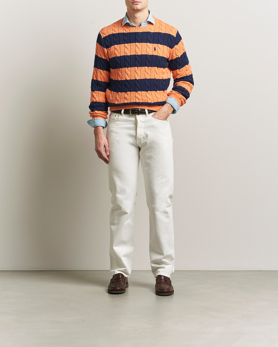 Heren | Truien | Polo Ralph Lauren | Striped Cotton Cable Sweater Orange Navy Combo