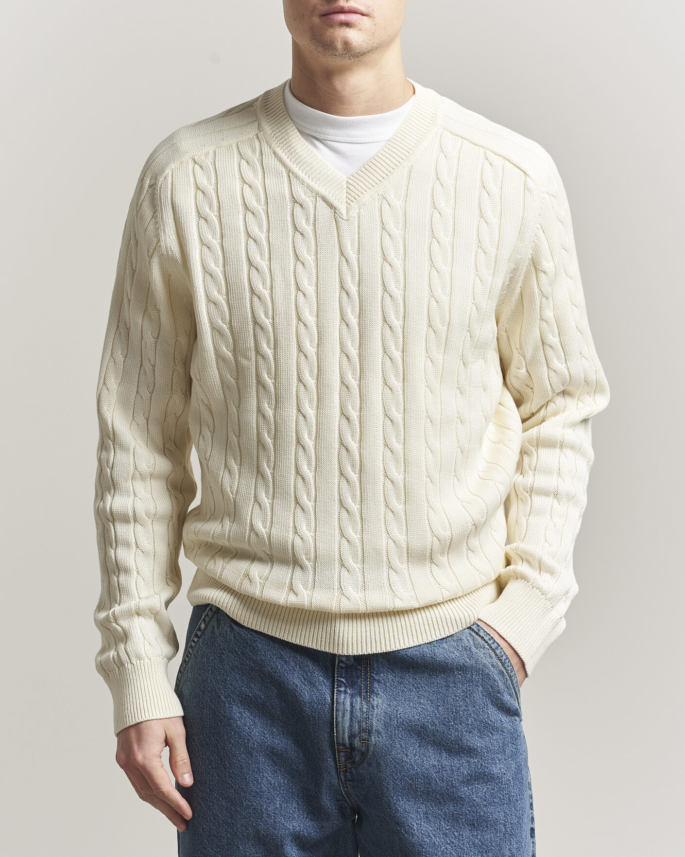 Heren | Truien | Filippa K | Cotton Cable V-Neck Sweater Calico White
