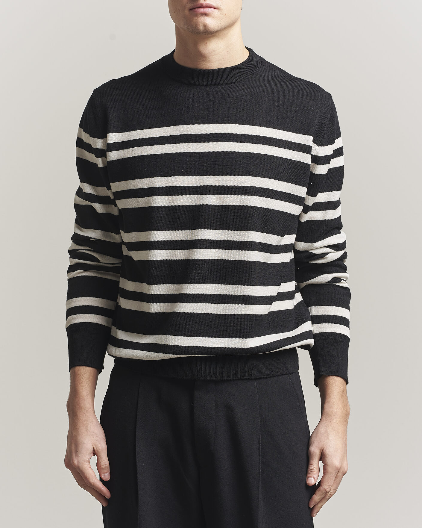 Heren | Truien | Filippa K | Merino Knitted Striped Sweater Black/White