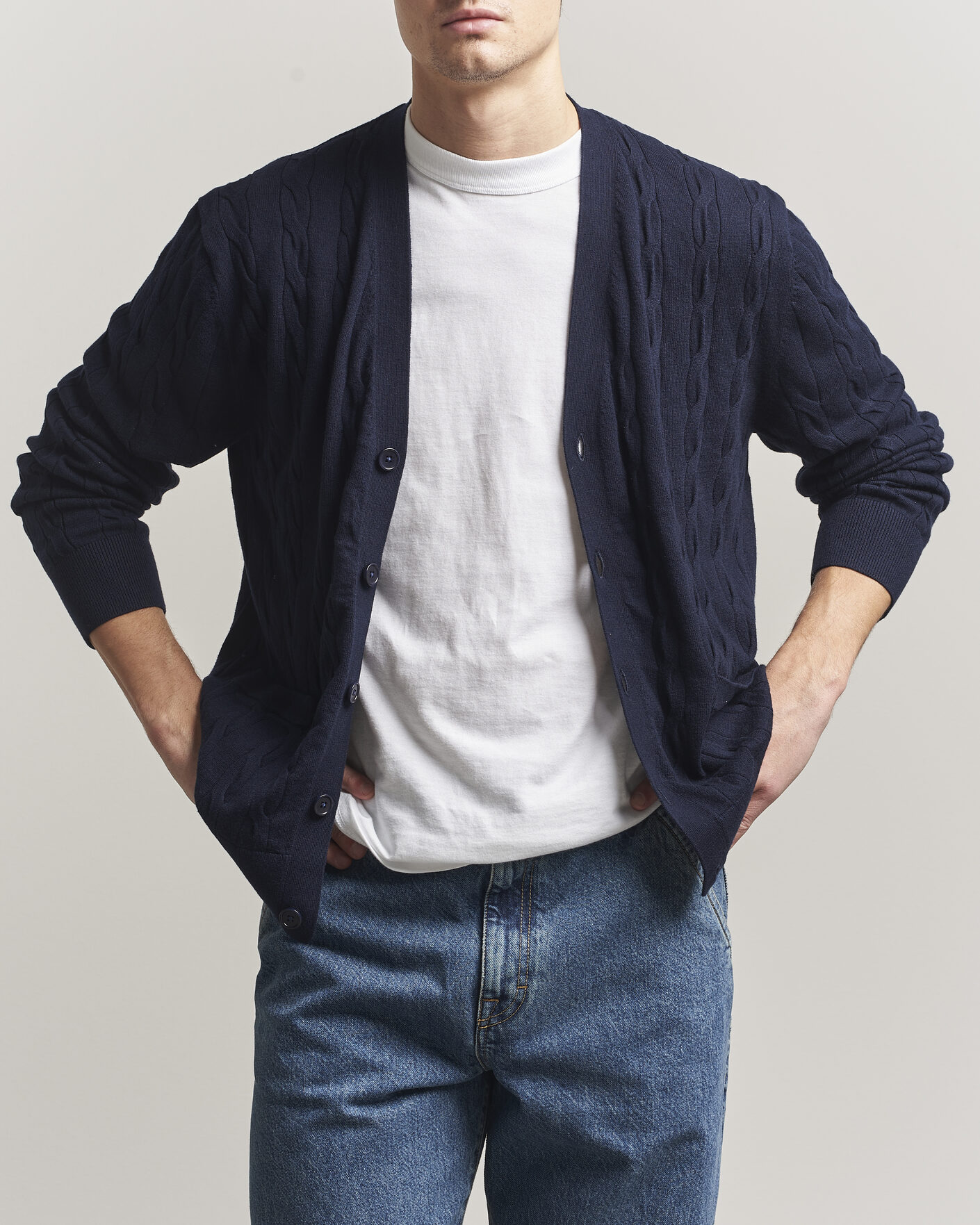 Heren | Truien | Filippa K | Cotton/Merino Cable Cardigan Navy