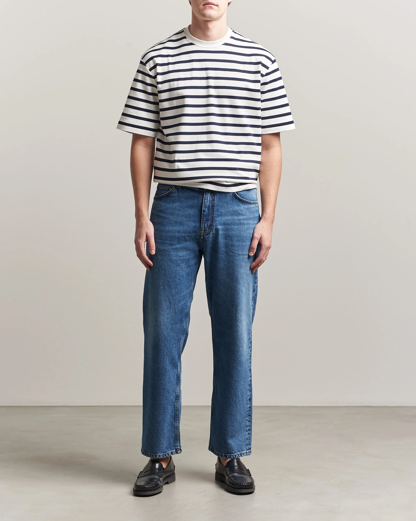 Heren | T-shirts | Filippa K | Striped Crew Neck T-Shirt White/Navy
