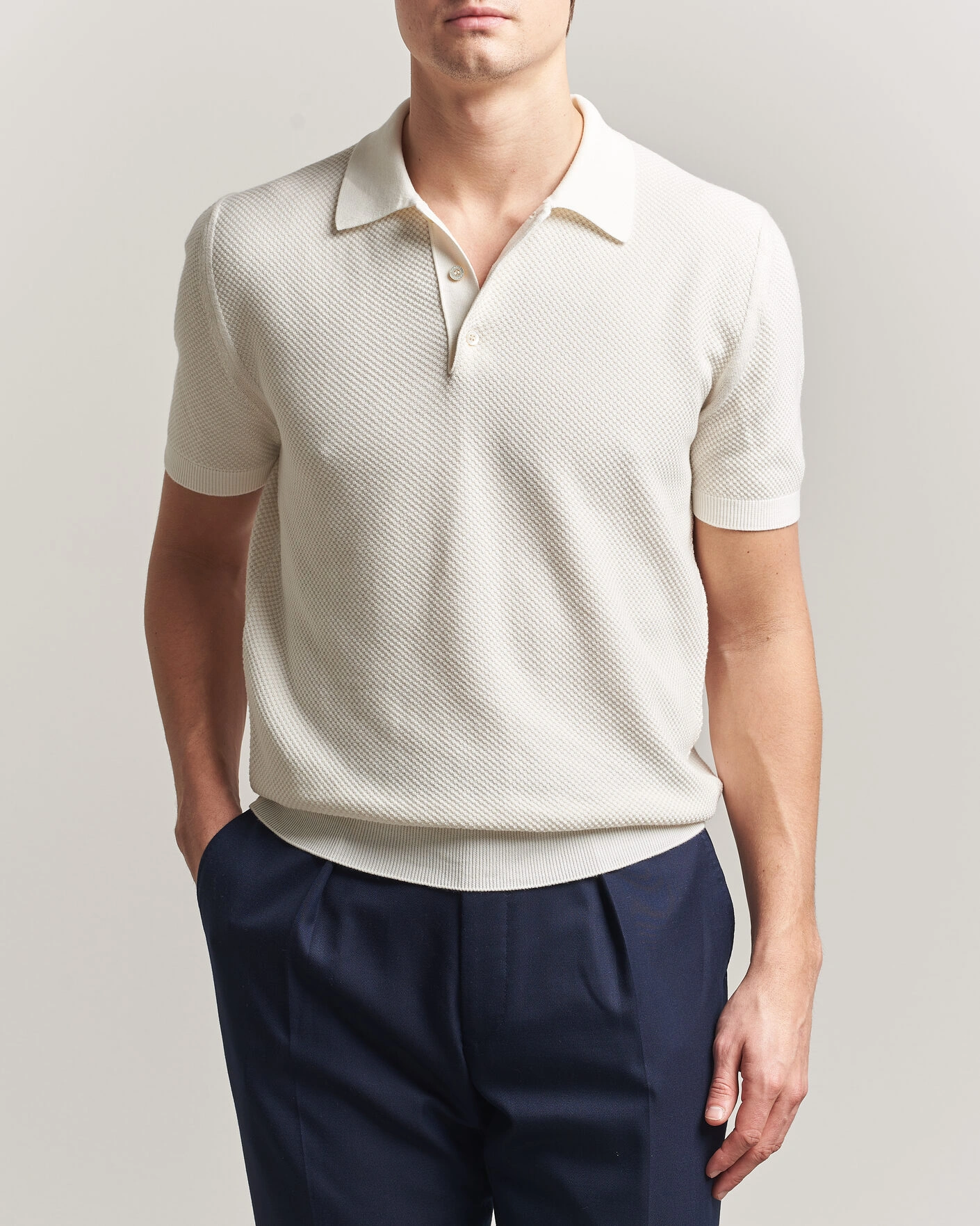 Heren | Polo's | Canali | Textured Knit Short Sleeve Polo Off White