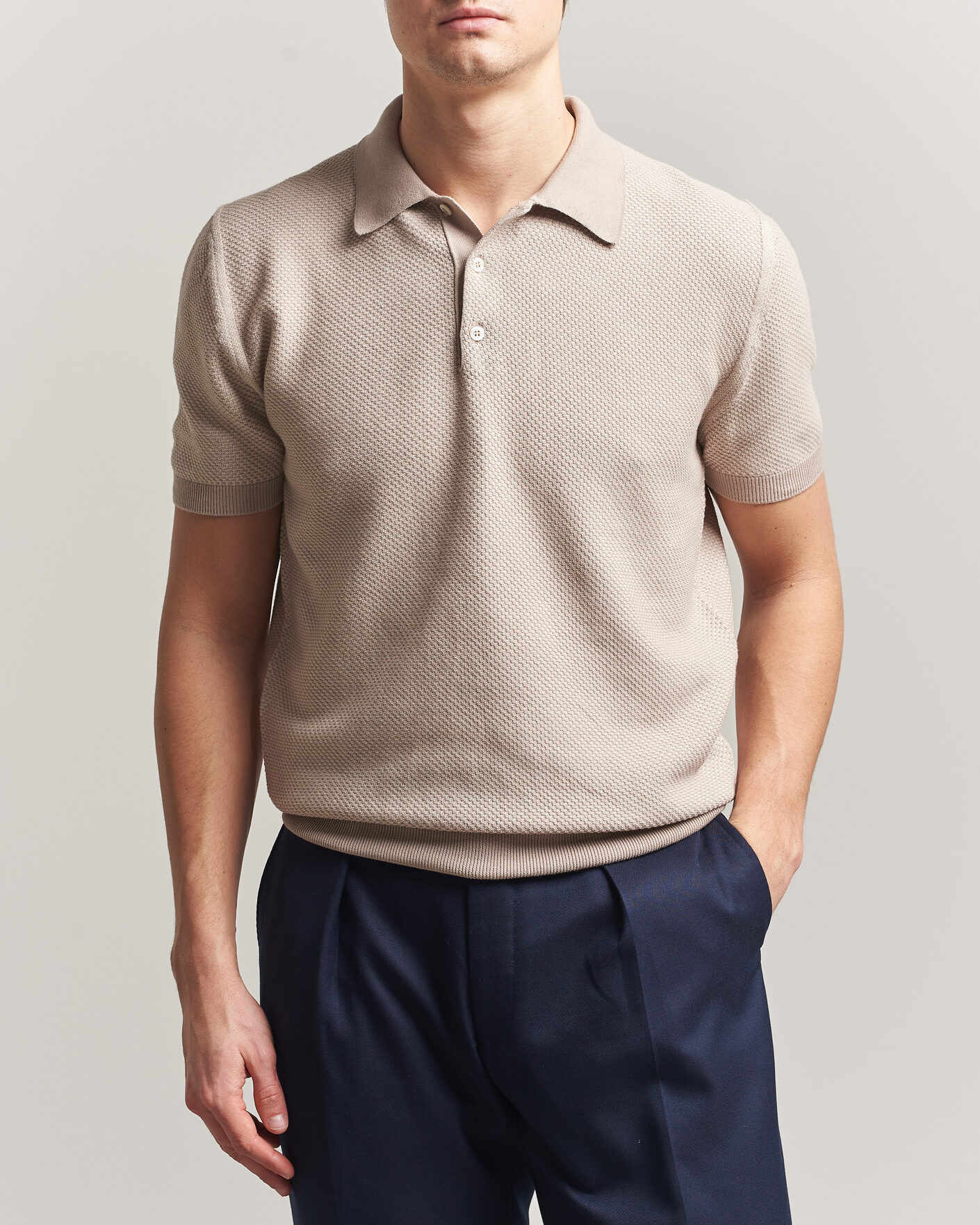 Heren | Polo's | Canali | Textured Knit Short Sleeve Polo Light Beige