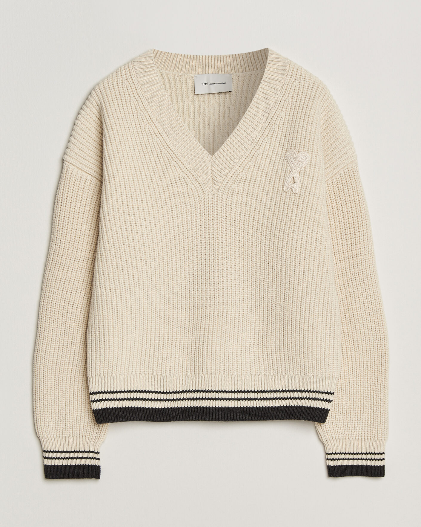 Heren | Truien | AMI | Wool/Cotton Ribbed V-Neck Creme
