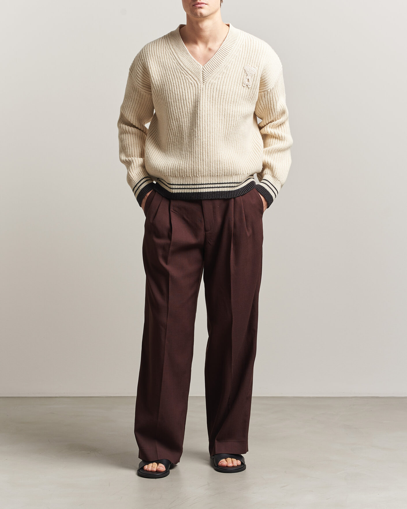 Heren | Truien | AMI | Wool/Cotton Ribbed V-Neck Creme