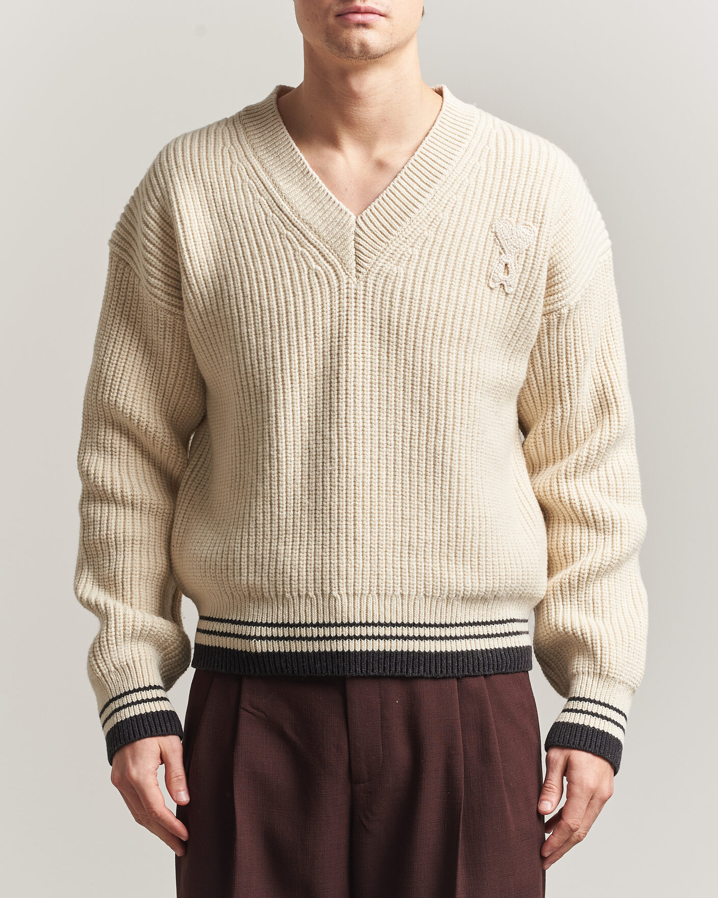 Heren | Truien | AMI | Wool/Cotton Ribbed V-Neck Creme