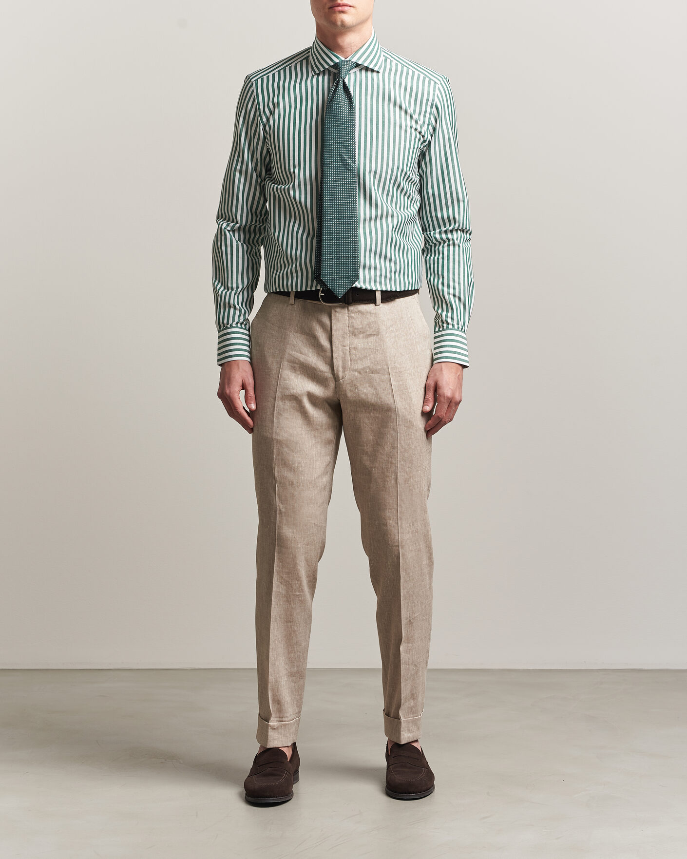 Heren | Overhemden | 100Hands | Cotton/Linen Bengal Stripe Shirt Green