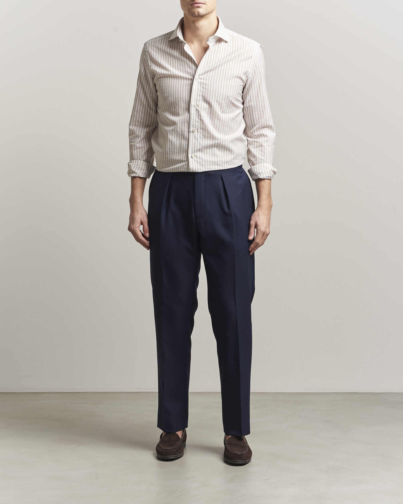 Heren | Overhemden | 100Hands | Cotton/Linen Bengal Stripe Shirt Light Brown