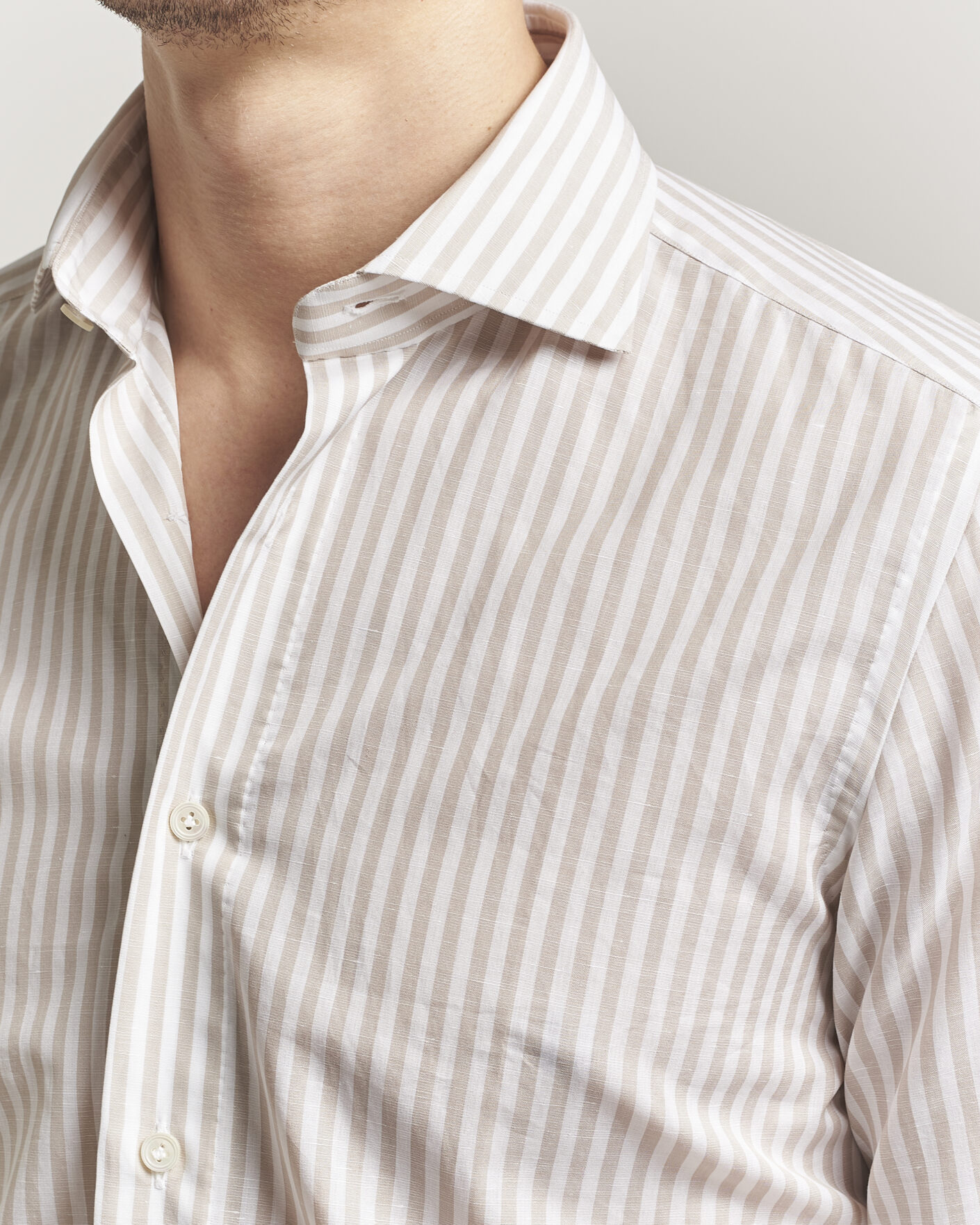 Heren | Overhemden | 100Hands | Cotton/Linen Bengal Stripe Shirt Light Brown