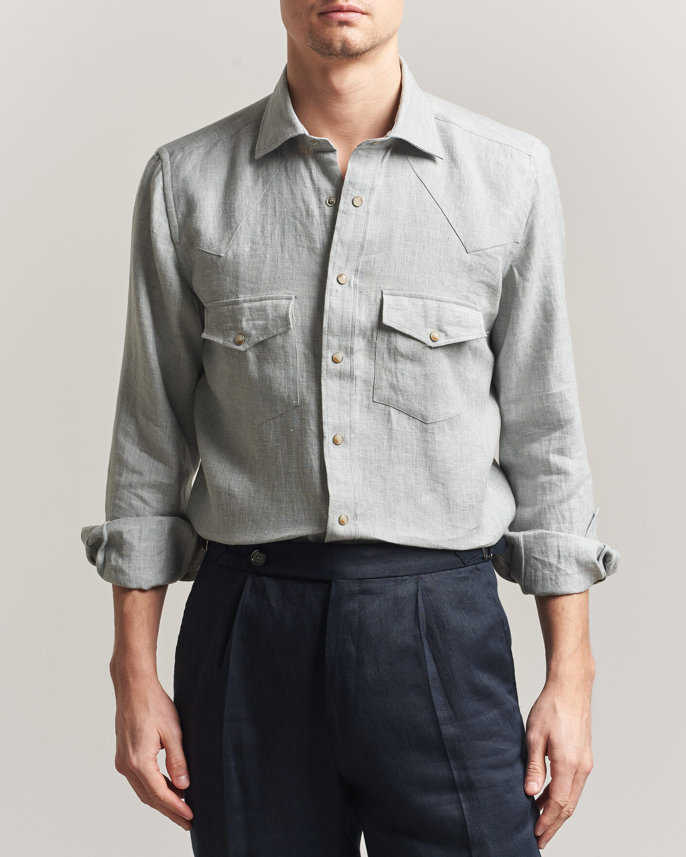 Heren | Overhemden | 100Hands | Two Pocket Western Linen Shirt Mint Green