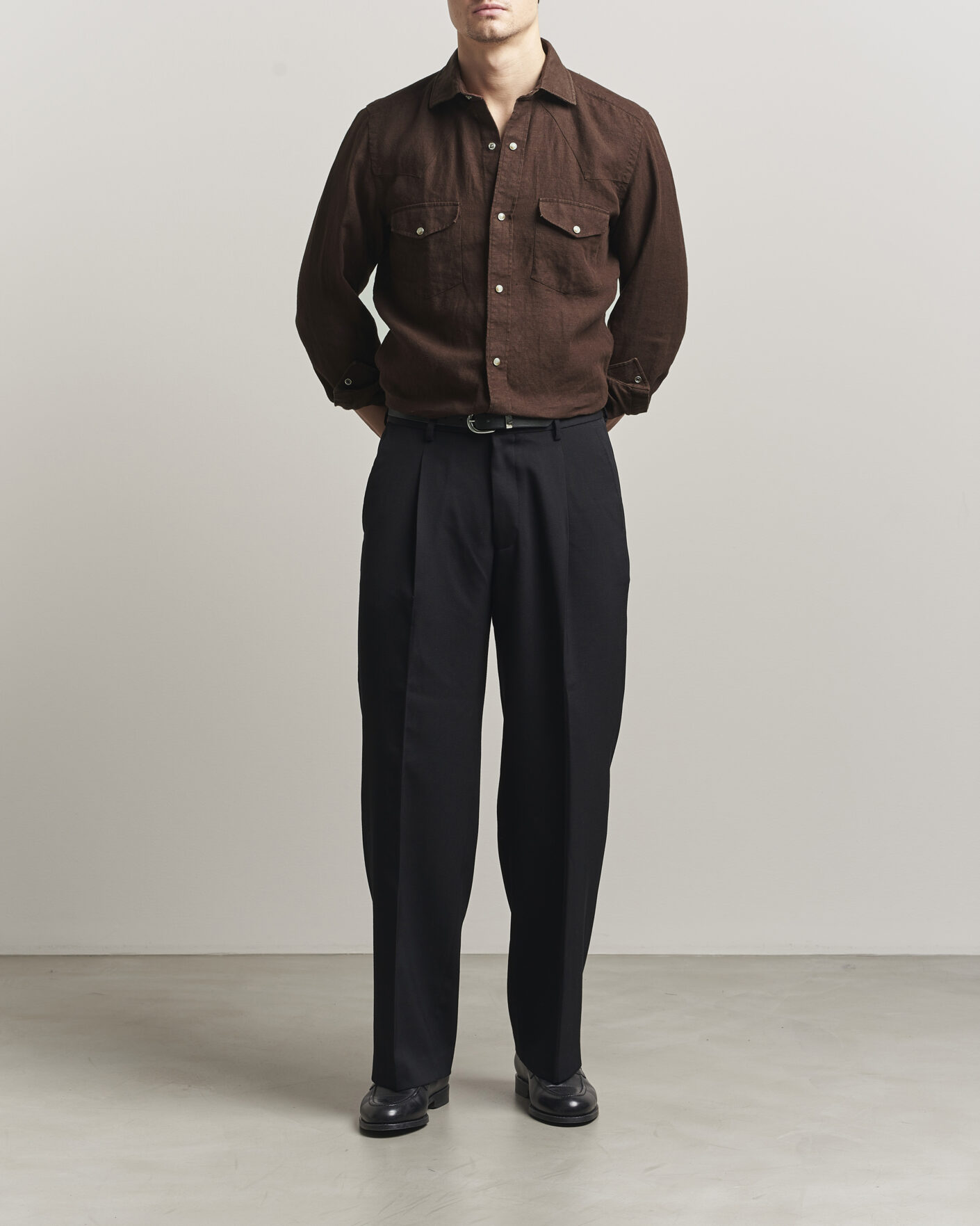 Heren | Overhemden | 100Hands | Two Pocket Western Linen Shirt Chocolate
