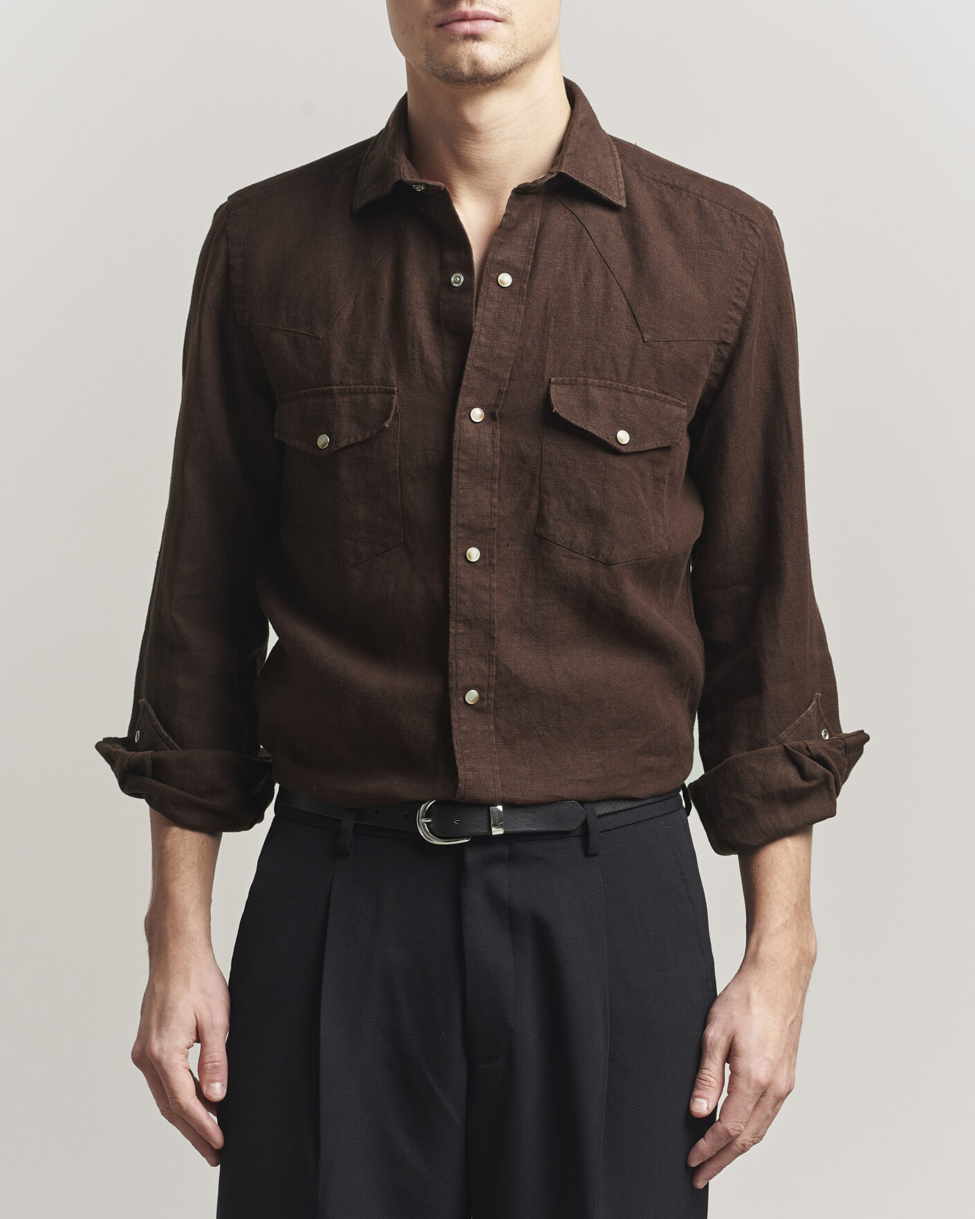 Heren | Overhemden | 100Hands | Two Pocket Western Linen Shirt Chocolate