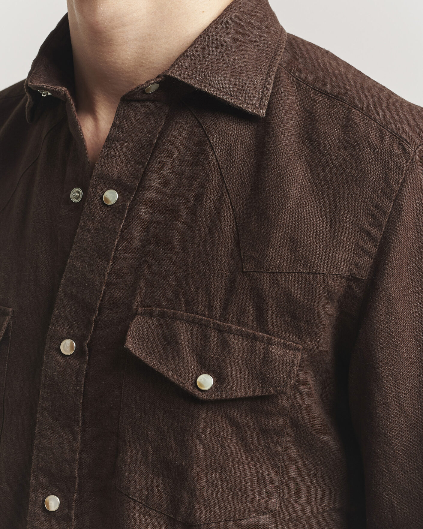 Heren | Overhemden | 100Hands | Two Pocket Western Linen Shirt Chocolate